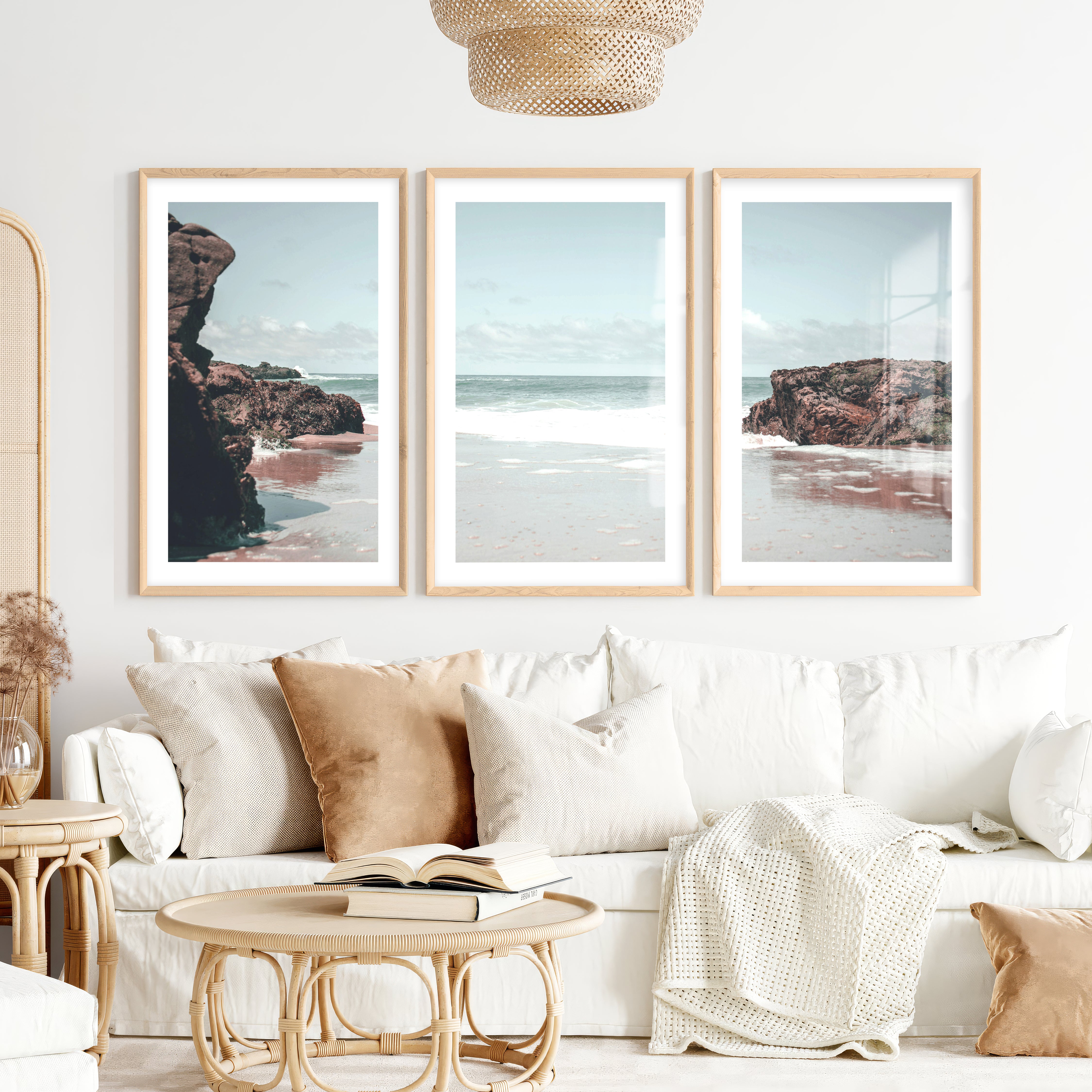Rocky Tide coastal decor artwork- Natural Wood Framed Poster with White Border - Artworksets