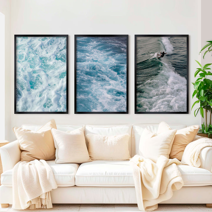 Coastal Decor Artwork – Surfer Riding Ocean Wave (Set of 3) - Black Framed Poster No Border - Artworksets