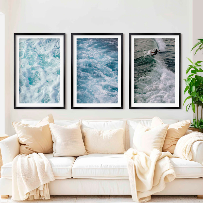 Coastal Decor Artwork – Surfer Riding Ocean Wave (Set of 3) - Black Framed Poster with White Border - Artworksets