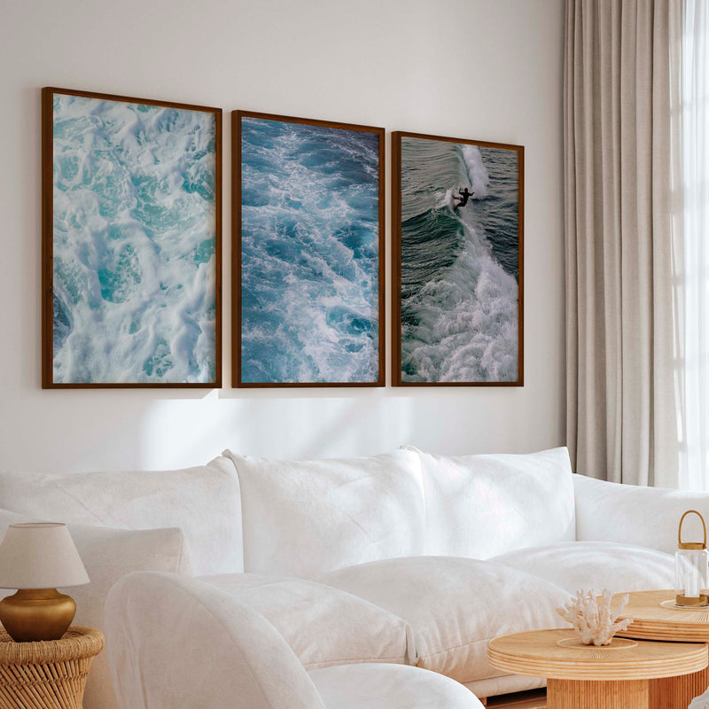 Coastal Decor Artwork – Surfer Riding Ocean Wave (Set of 3) - Dark Brown Framed Poster No Border - Artworksets