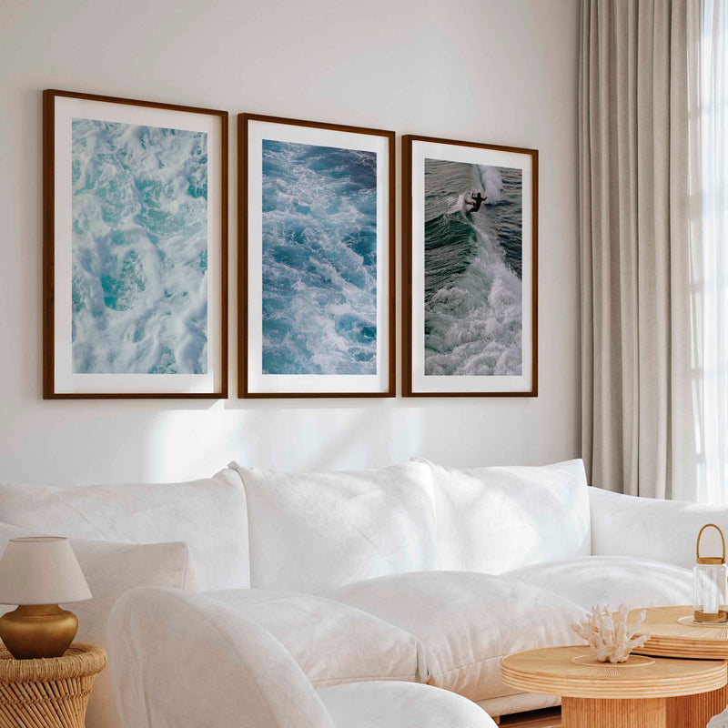 Coastal Decor Artwork – Surfer Riding Ocean Wave (Set of 3) - Dark Brown Framed Poster with White Border - Artworksets