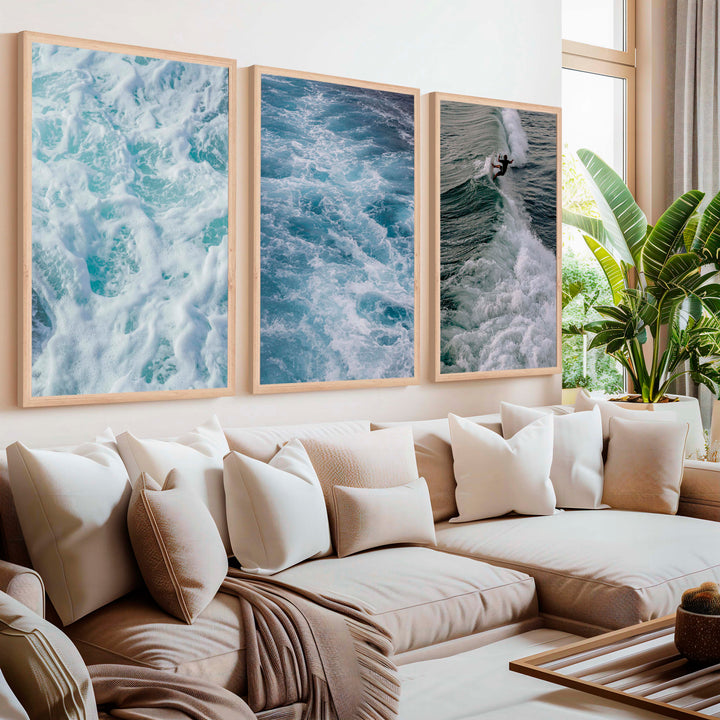 Coastal Decor Artwork – Surfer Riding Ocean Wave (Set of 3) - Natural Wood Framed Poster No Border - Artworksets