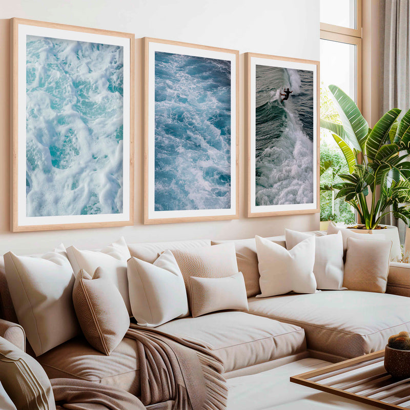 Coastal Decor Artwork – Surfer Riding Ocean Wave (Set of 3)- Natural Wood Framed Poster with White Border - Artworksets