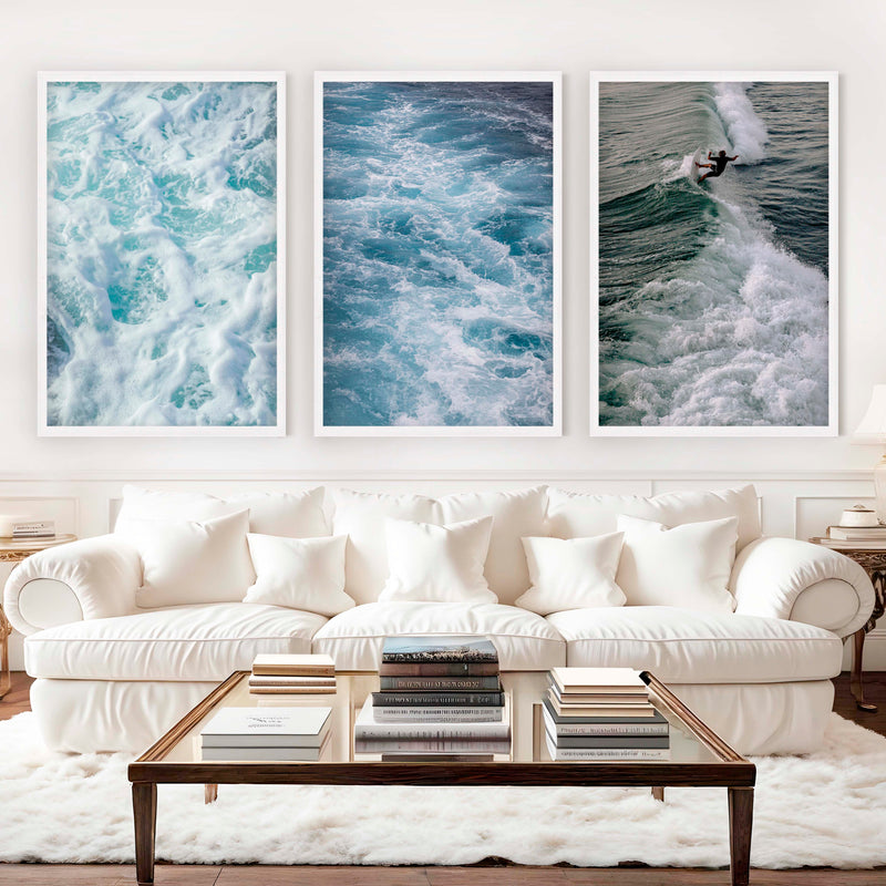 Coastal Decor Artwork – Surfer Riding Ocean Wave (Set of 3) - White Framed Poster No Border - Artworksets