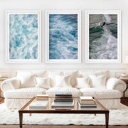 Coastal Decor Artwork – Surfer Riding Ocean Wave (Set of 3) - White Framed Poster with White Border - Artworksets