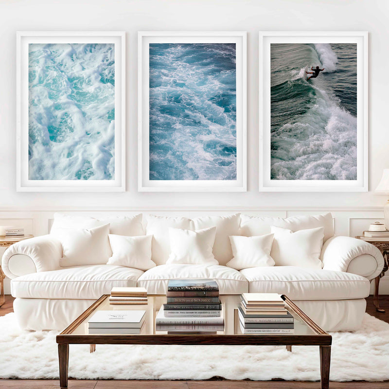 Coastal Decor Artwork – Surfer Riding Ocean Wave (Set of 3) - White Framed Poster with White Border - Artworksets