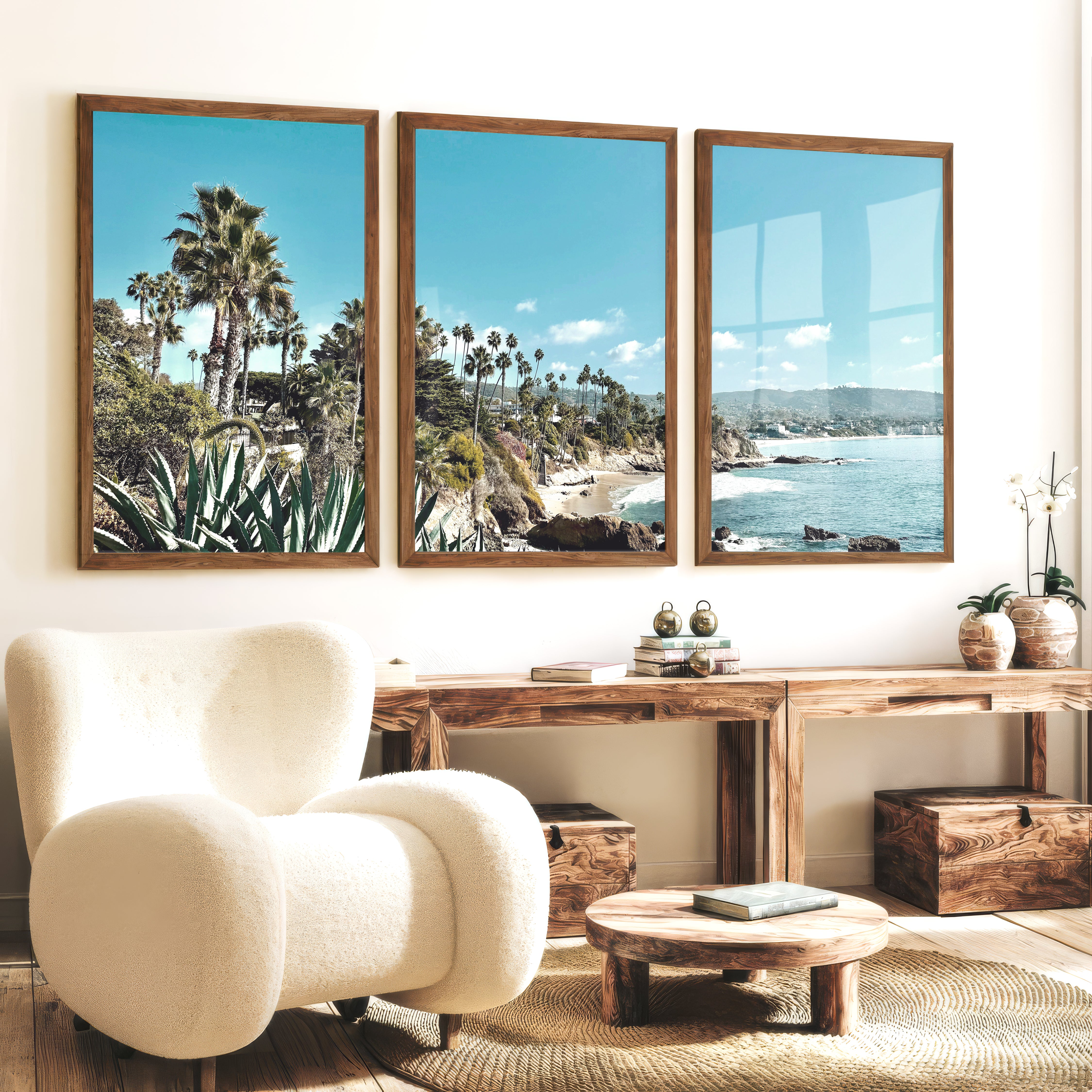 Palm Cove Coastal Floral Wall Art - Dark Brown Framed Poster No Border - Artworksets