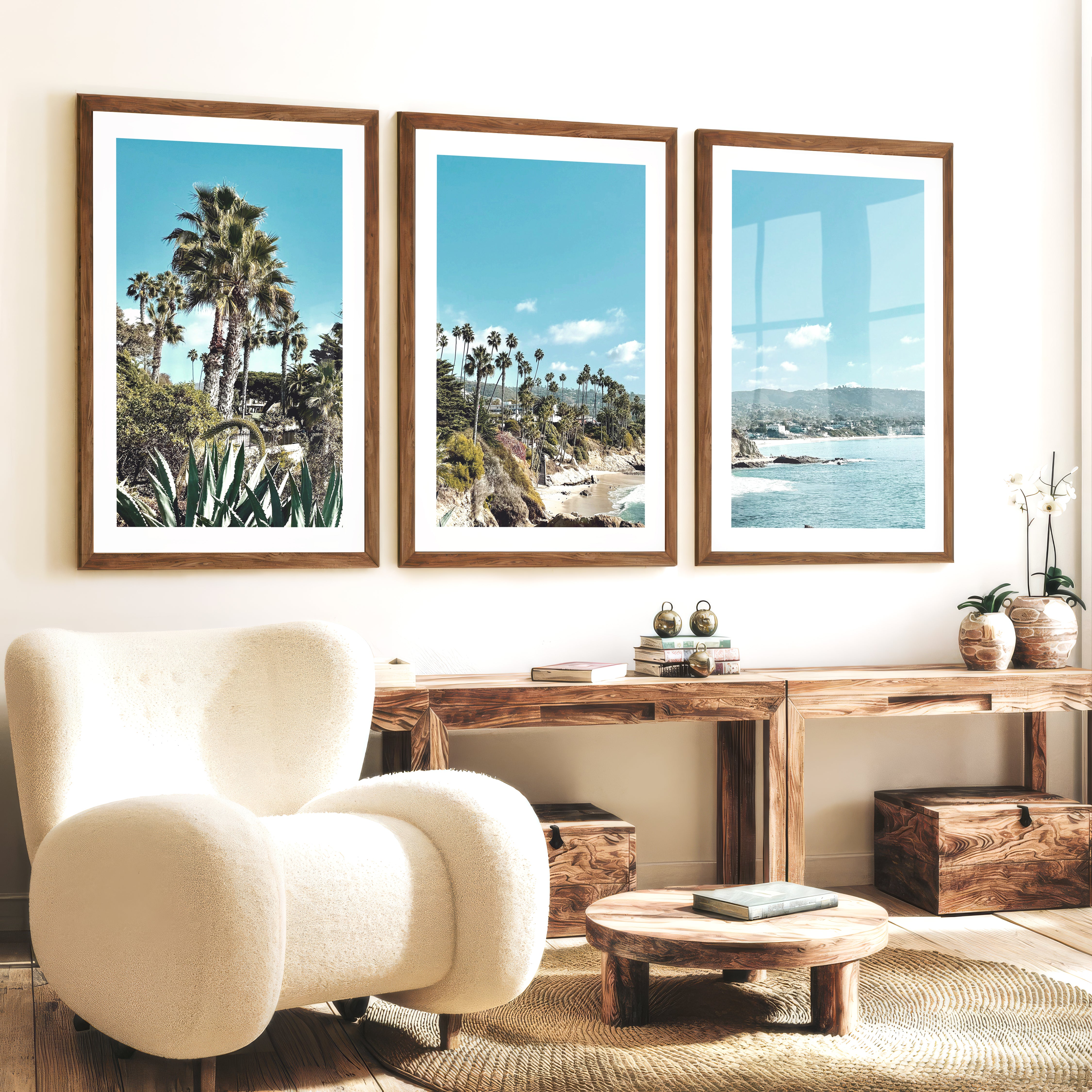 Palm Cove Coastal Floral Wall Art - Dark Brown Framed Poster with White Border - Artworksets