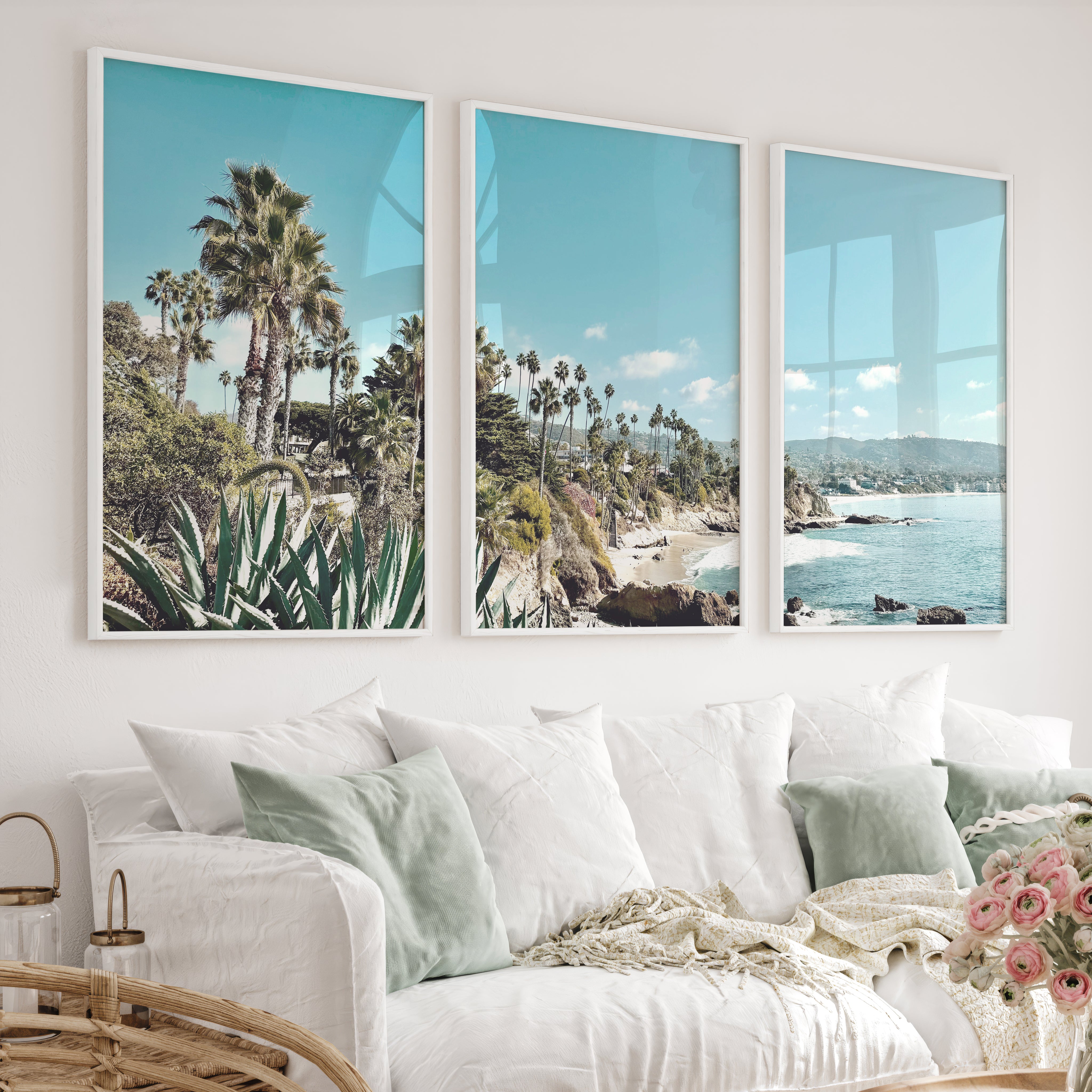 Palm Cove Coastal Floral Wall Art - White Framed Poster No Border - Artworksets