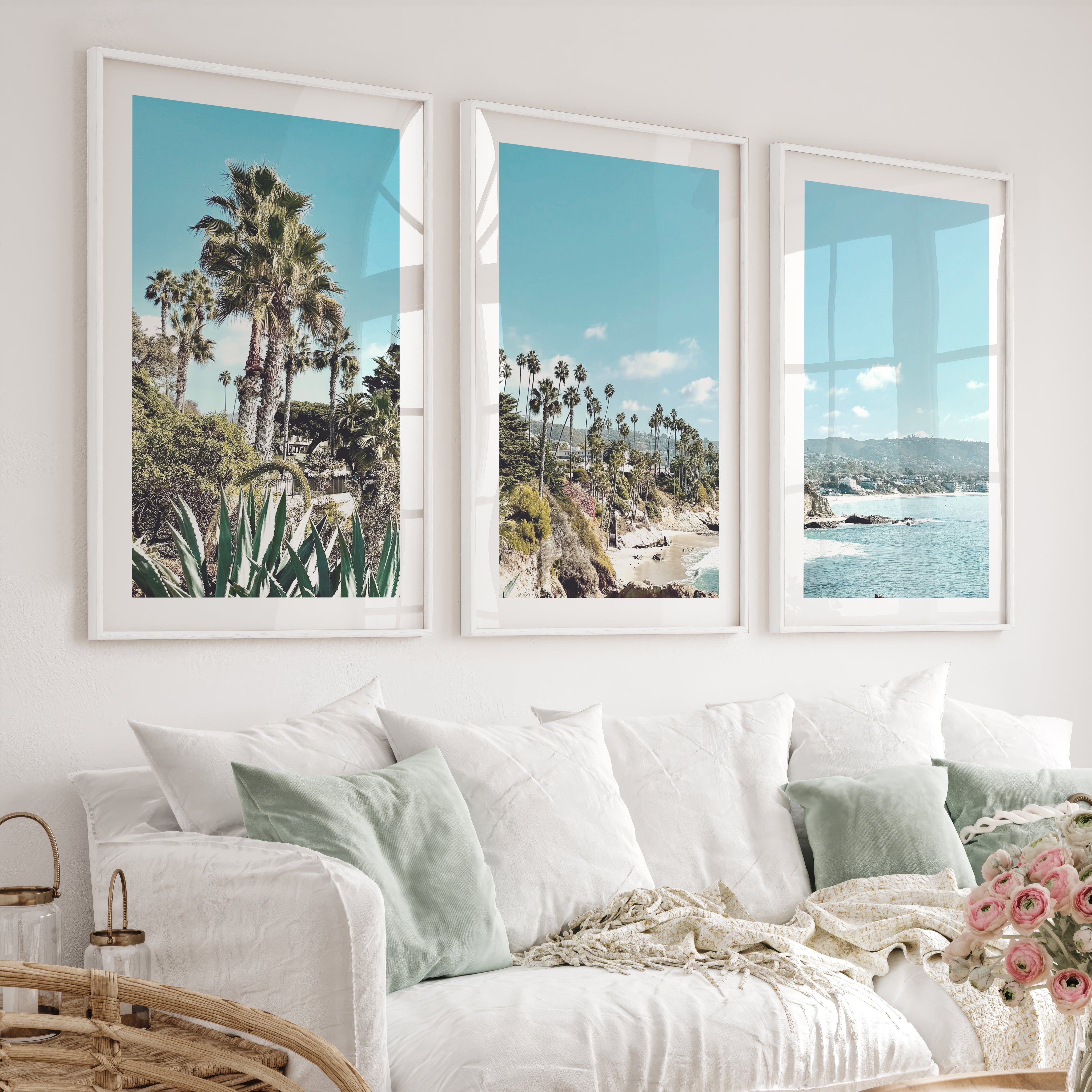 Palm Cove Coastal Floral Wall Art - White Framed Poster with White Border - Artworksets