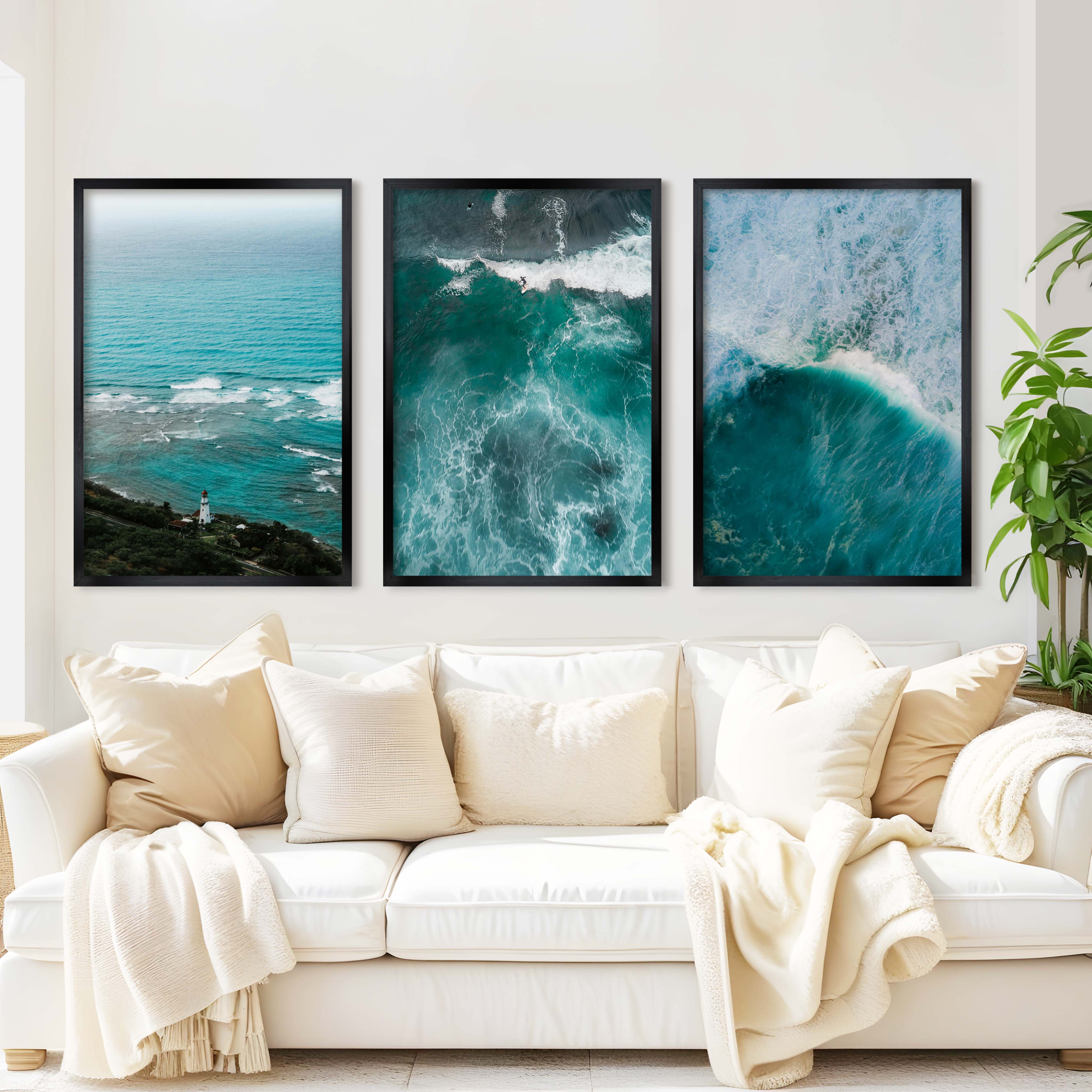 Coastal Modern Wall Art – Ocean Waves & Aerial Sea Textures (Set of 3) - Black Framed Poster No Border - Artworksets