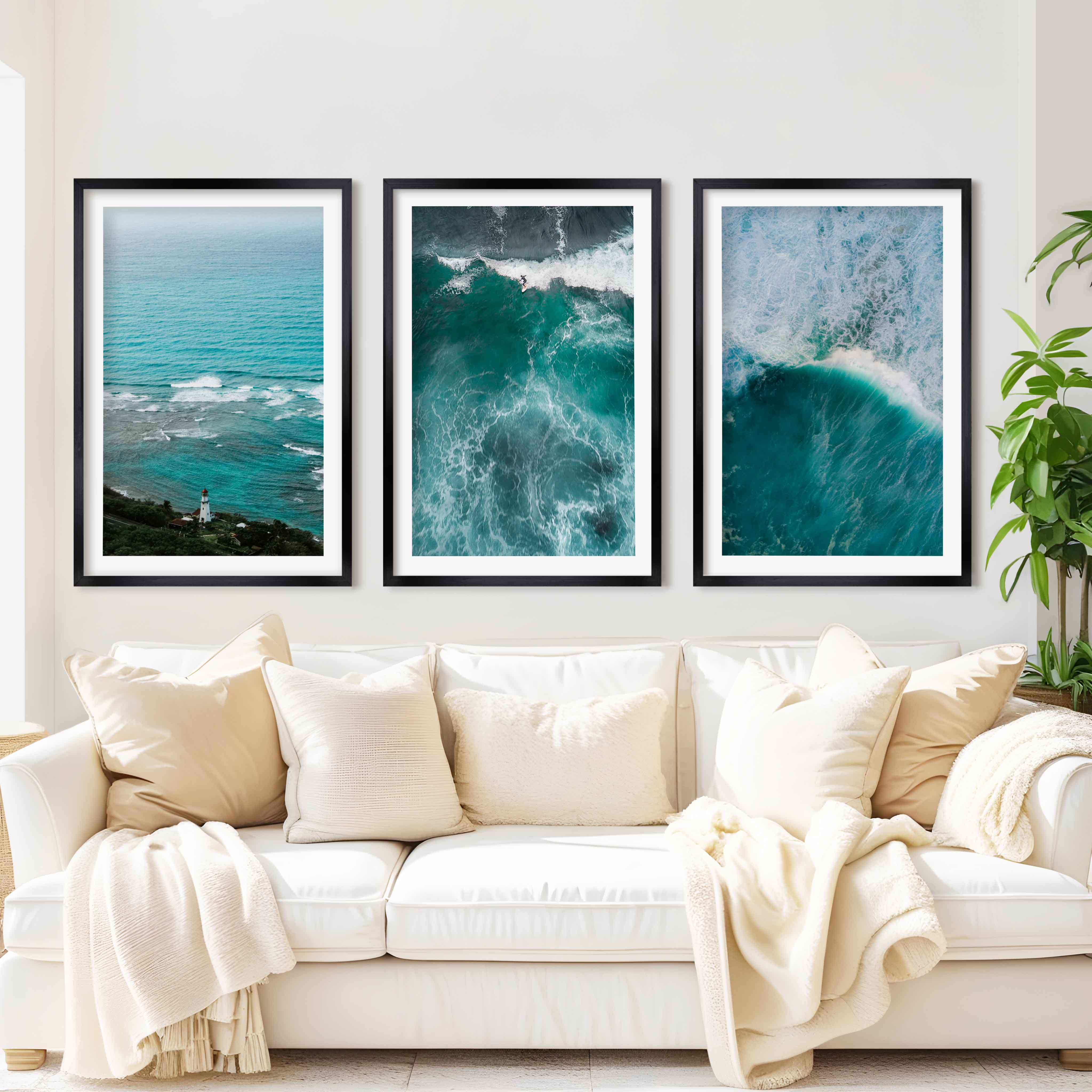 Coastal Modern Wall Art – Ocean Waves & Aerial Sea Textures (Set of 3) - Black Framed Poster with White Border - Artworksets