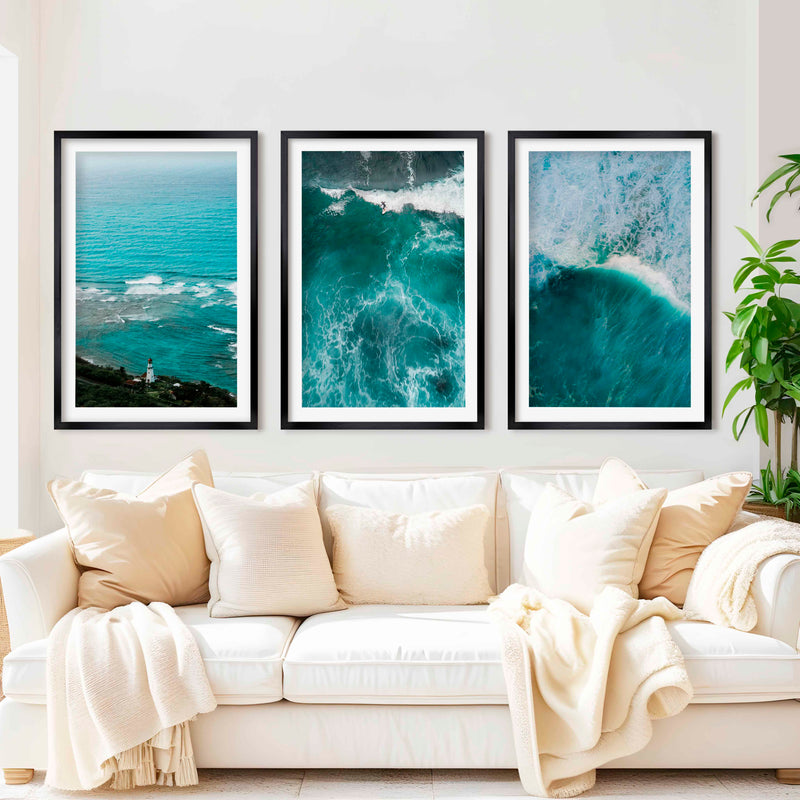 Coastal Modern Wall Art – Ocean Waves & Aerial Sea Textures (Set of 3) - Black Framed Poster with White Border - Artworksets