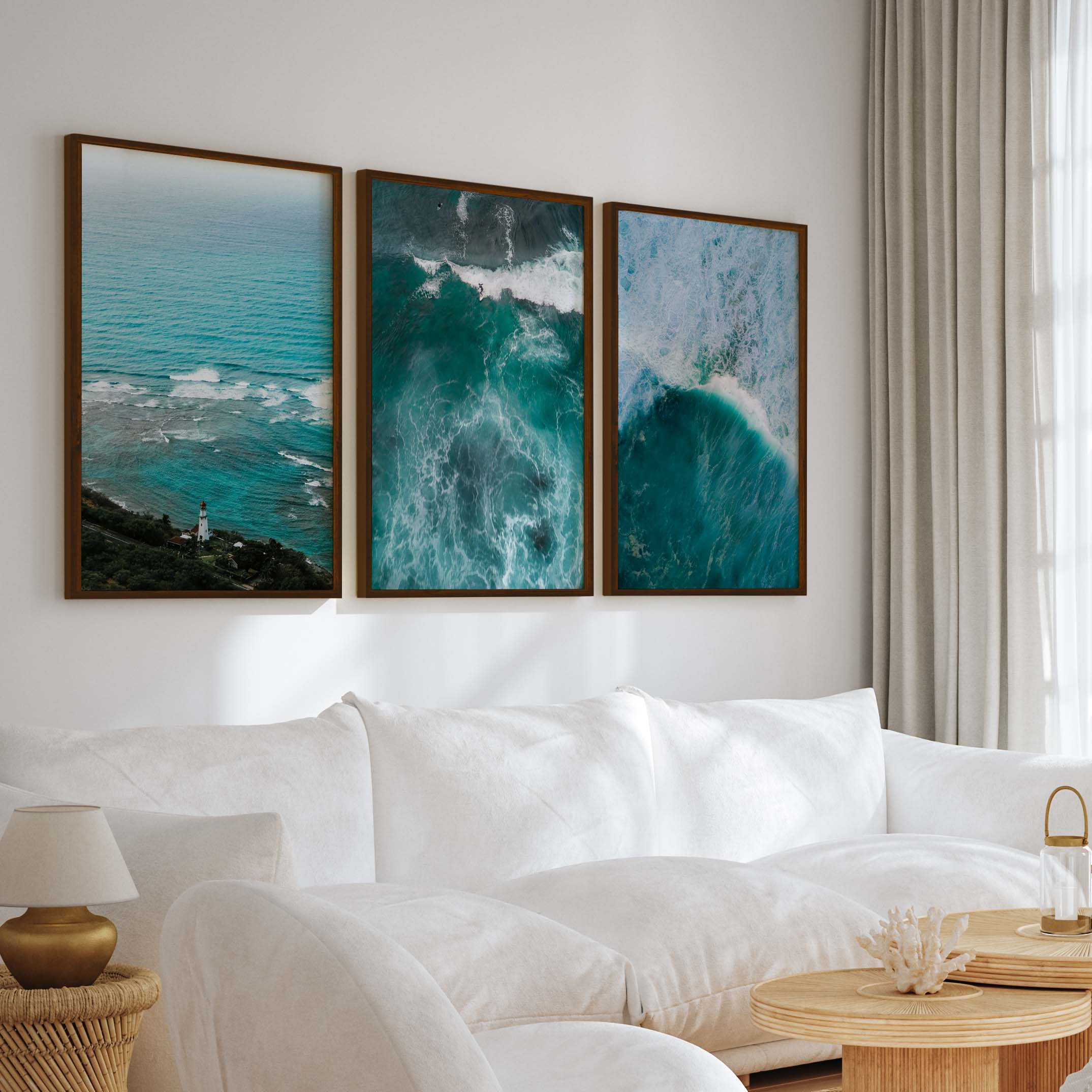 Coastal Modern Wall Art – Ocean Waves & Aerial Sea Textures (Set of 3) - Dark Brown Framed Poster No Border - Artworksets