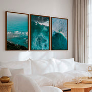 Coastal Modern Wall Art – Ocean Waves & Aerial Sea Textures (Set of 3) - Dark Brown Framed Poster No Border - Artworksets