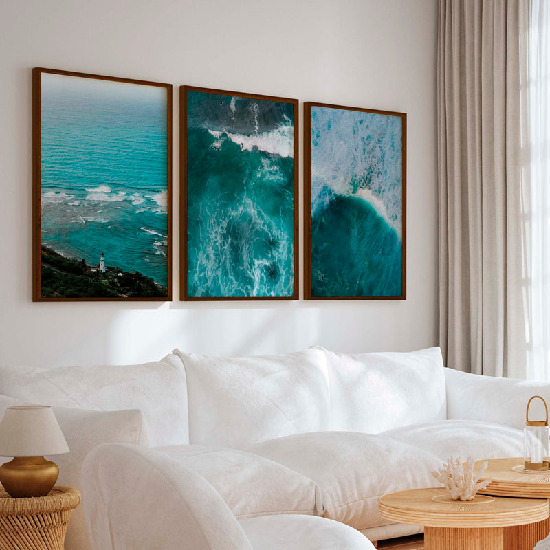 Coastal Modern Wall Art – Ocean Waves & Aerial Sea Textures (Set of 3) - Dark Brown Framed Poster No Border - Artworksets