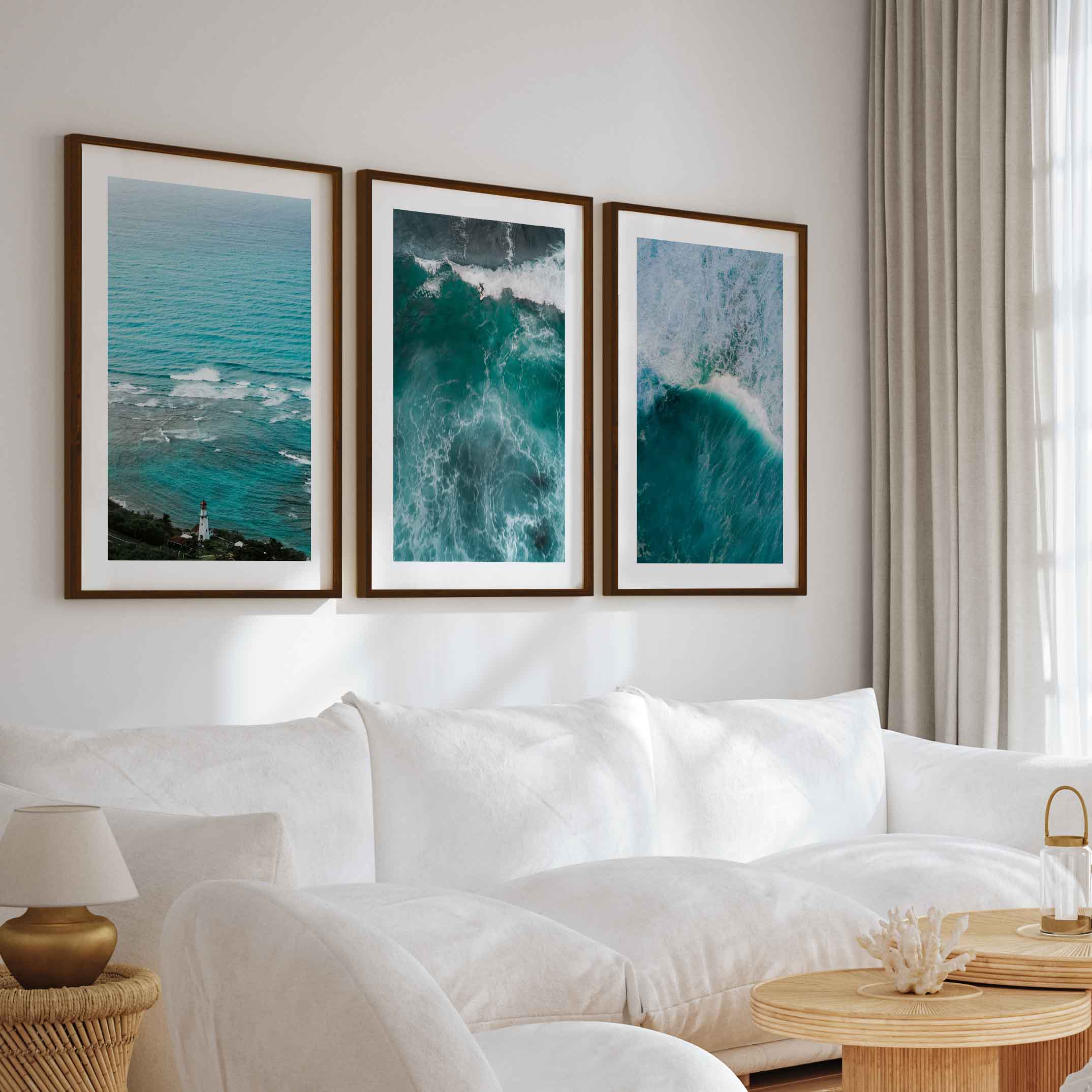 Coastal Modern Wall Art – Ocean Waves & Aerial Sea Textures (Set of 3) - Dark Brown Framed Poster with White Border - Artworksets