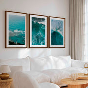 Coastal Modern Wall Art – Ocean Waves & Aerial Sea Textures (Set of 3) - Dark Brown Framed Poster with White Border - Artworksets