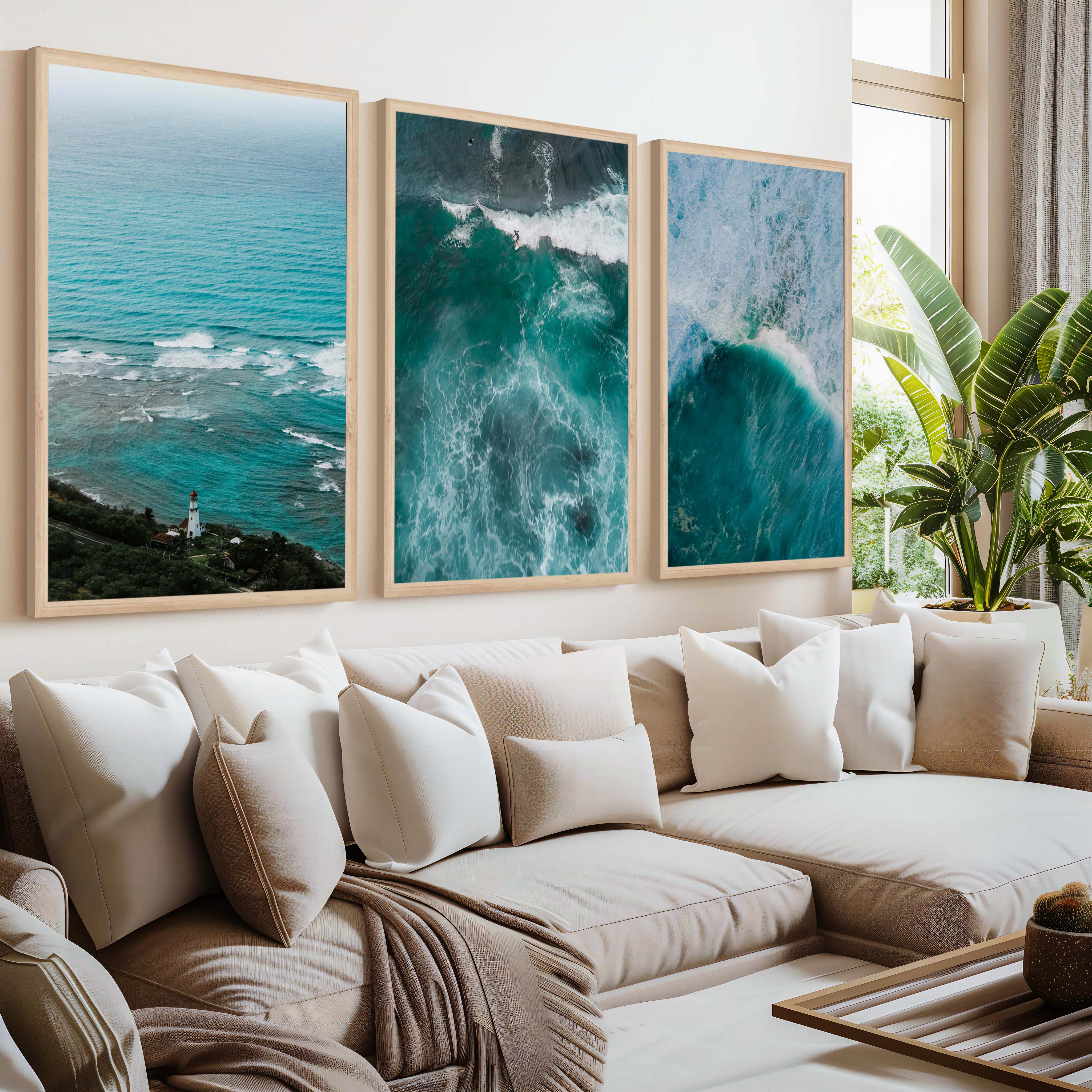 Coastal Modern Wall Art – Ocean Waves & Aerial Sea Textures (Set of 3) - Natural Wood Framed Poster No Border - Artworksets