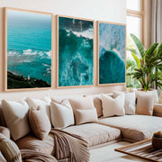 Coastal Modern Wall Art – Ocean Waves & Aerial Sea Textures (Set of 3) - Natural Wood Framed Poster No Border - Artworksets
