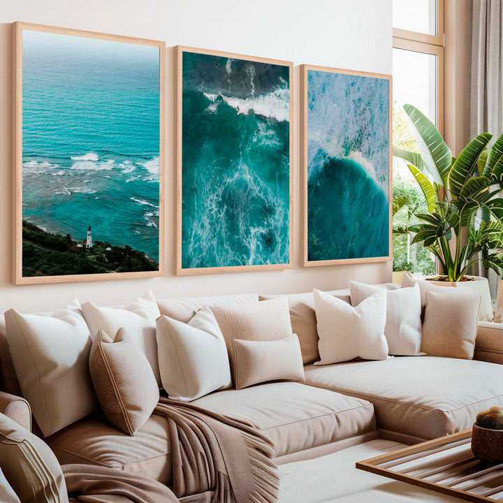 Coastal Modern Wall Art – Ocean Waves & Aerial Sea Textures (Set of 3) - Natural Wood Framed Poster No Border - Artworksets