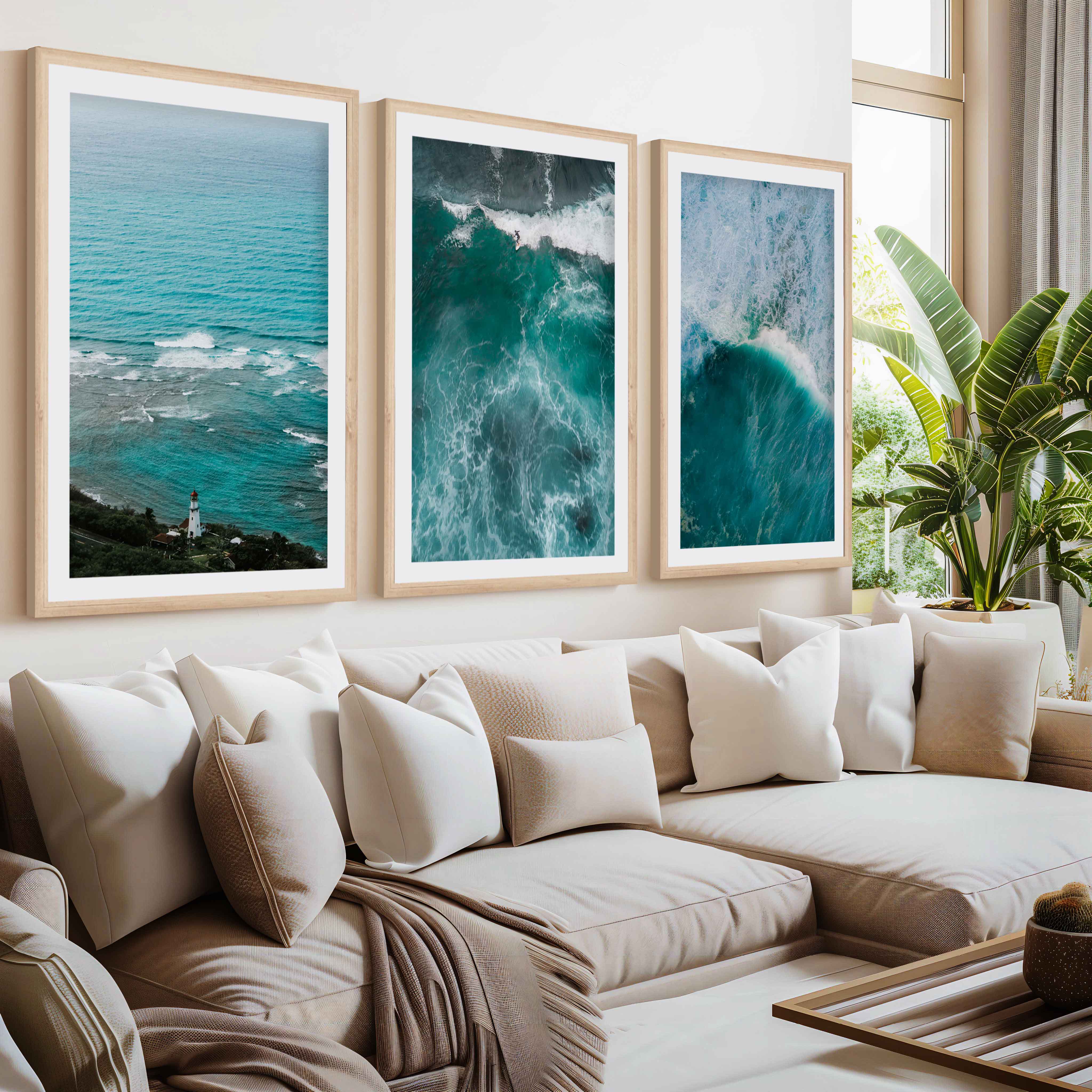 Coastal Modern Wall Art – Ocean Waves & Aerial Sea Textures (Set of 3)- Natural Wood Framed Poster with White Border - Artworksets
