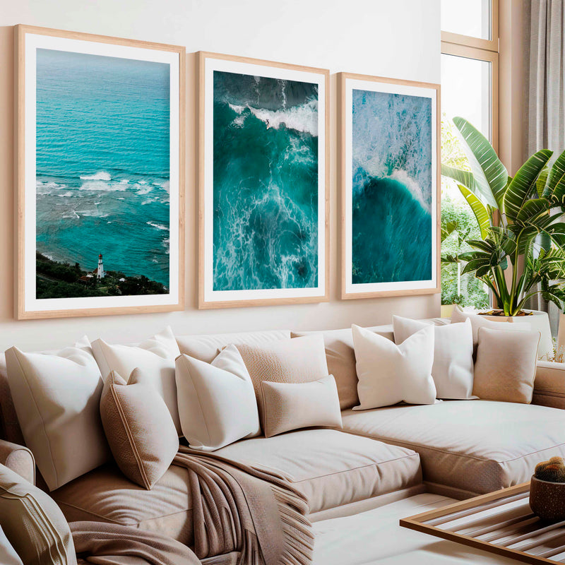 Coastal Modern Wall Art – Ocean Waves & Aerial Sea Textures (Set of 3)- Natural Wood Framed Poster with White Border - Artworksets