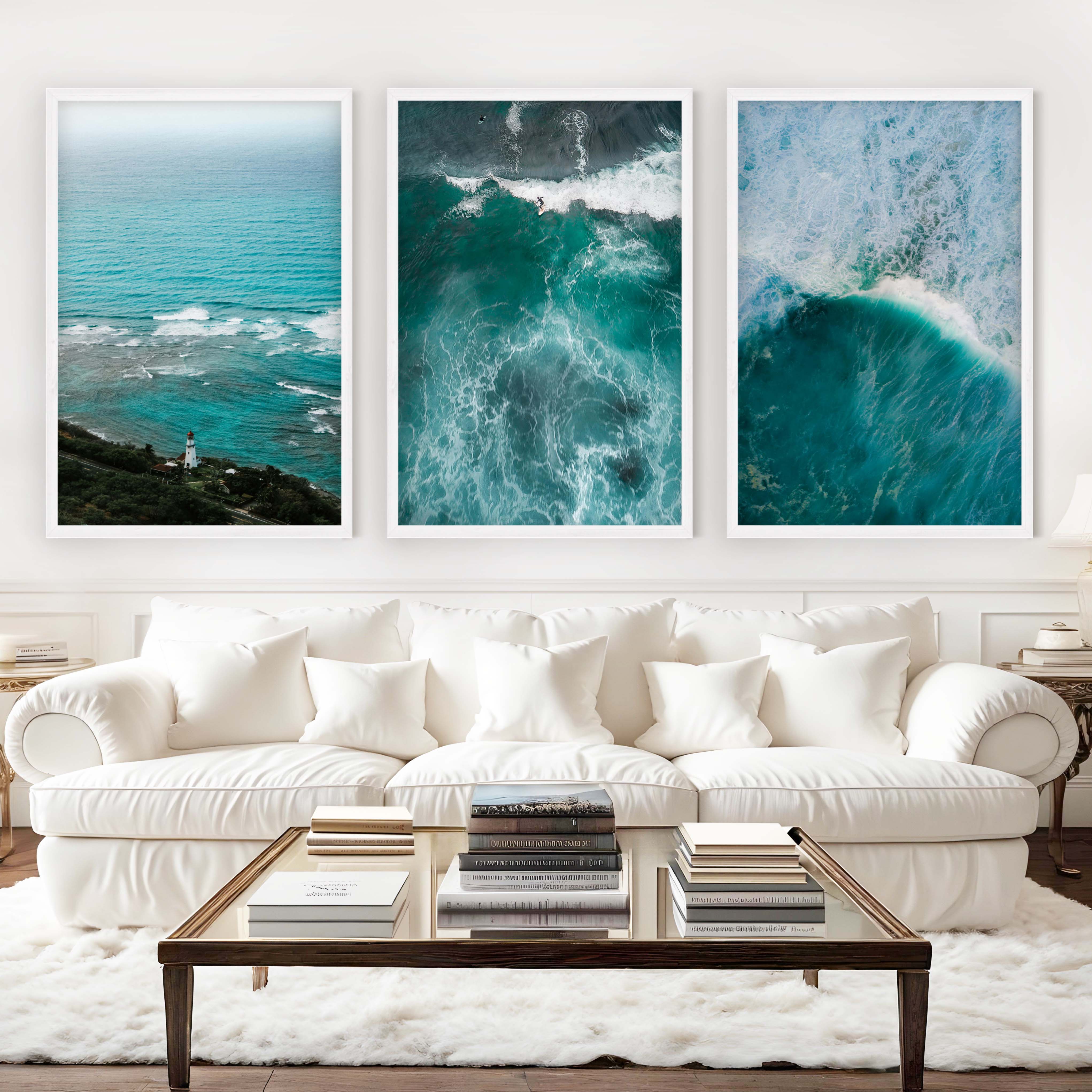 Coastal Modern Wall Art – Ocean Waves & Aerial Sea Textures (Set of 3) - White Framed Poster No Border - Artworksets