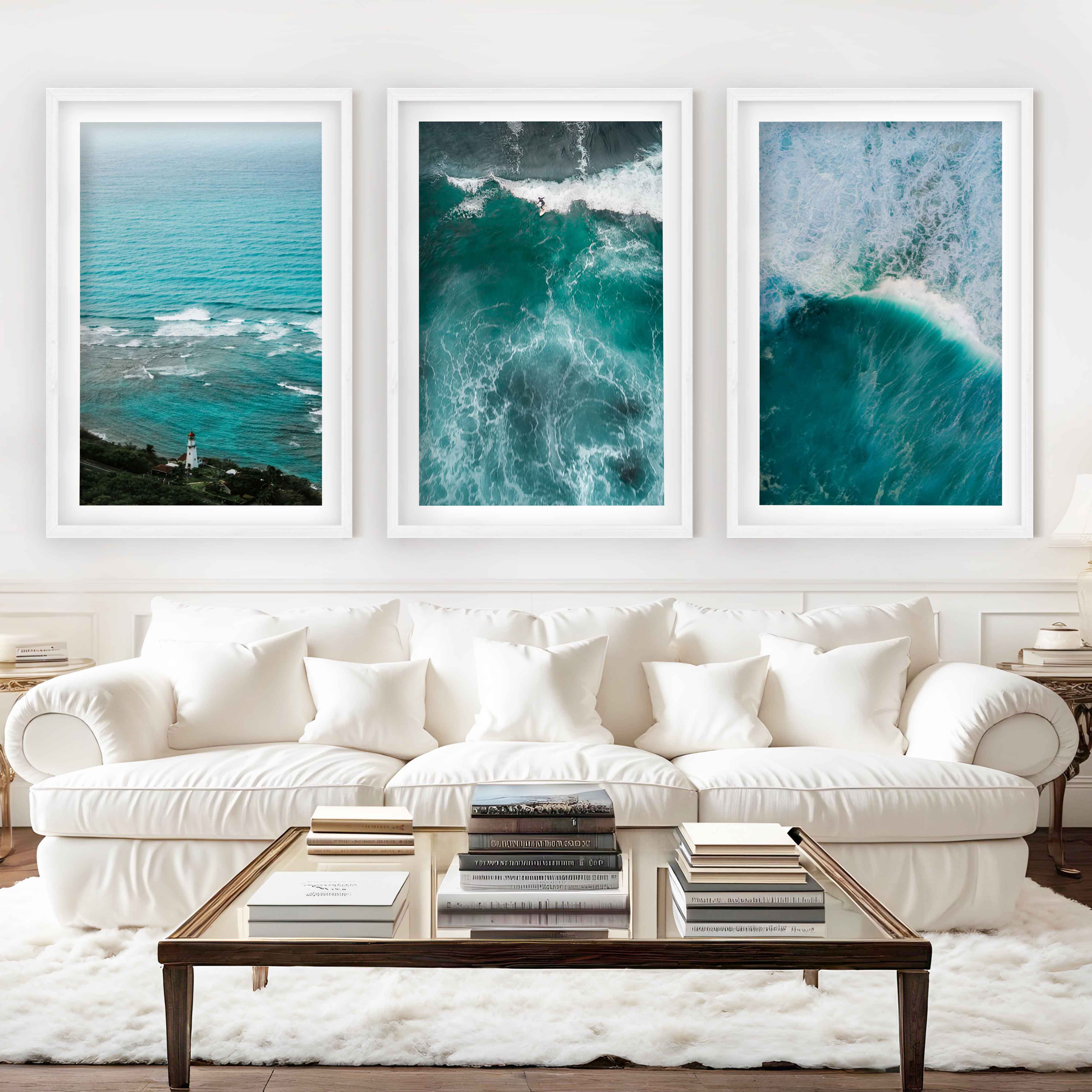 Coastal Modern Wall Art – Ocean Waves & Aerial Sea Textures (Set of 3) - White Framed Poster with White Border - Artworksets