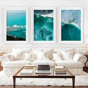Coastal Modern Wall Art – Ocean Waves & Aerial Sea Textures (Set of 3) - White Framed Poster with White Border - Artworksets