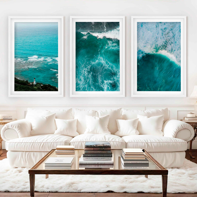 Coastal Modern Wall Art – Ocean Waves & Aerial Sea Textures (Set of 3) - White Framed Poster with White Border - Artworksets