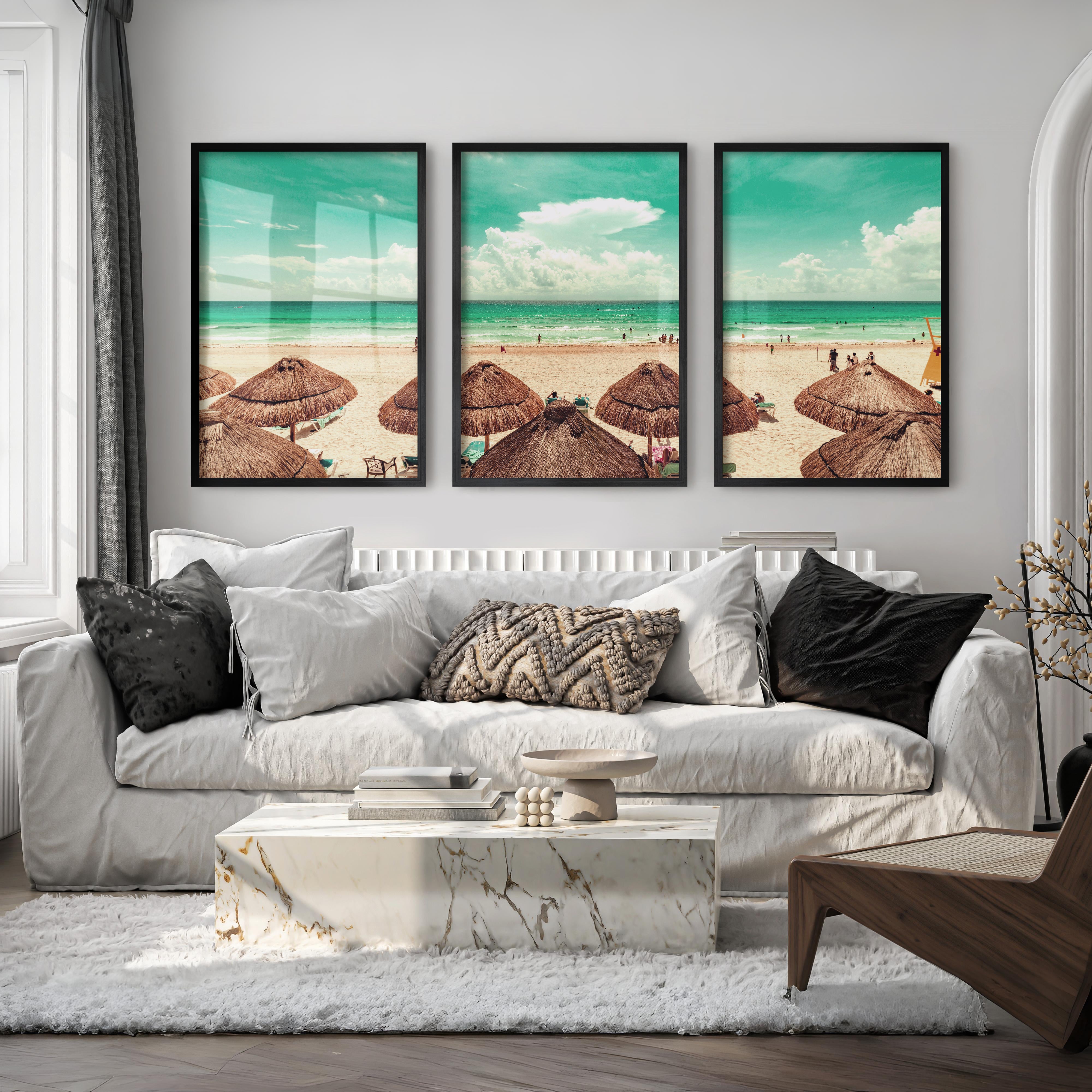 Thatched Umbrella Coastal Nautical Wall Art - Black Framed Poster No Border - Artworksets