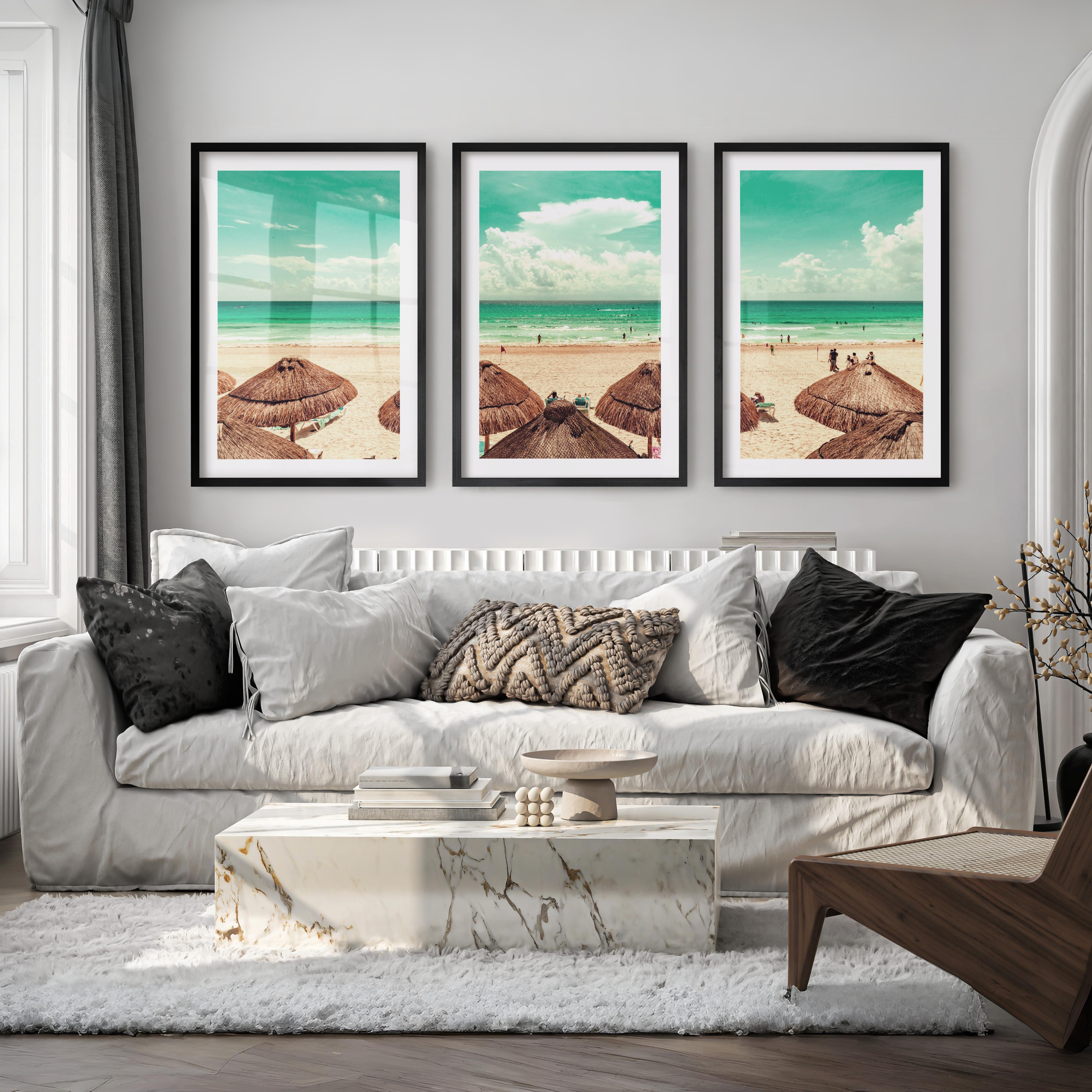 Thatched Umbrella Coastal Nautical Wall Art - Black Framed Poster with White Border - Artworksets