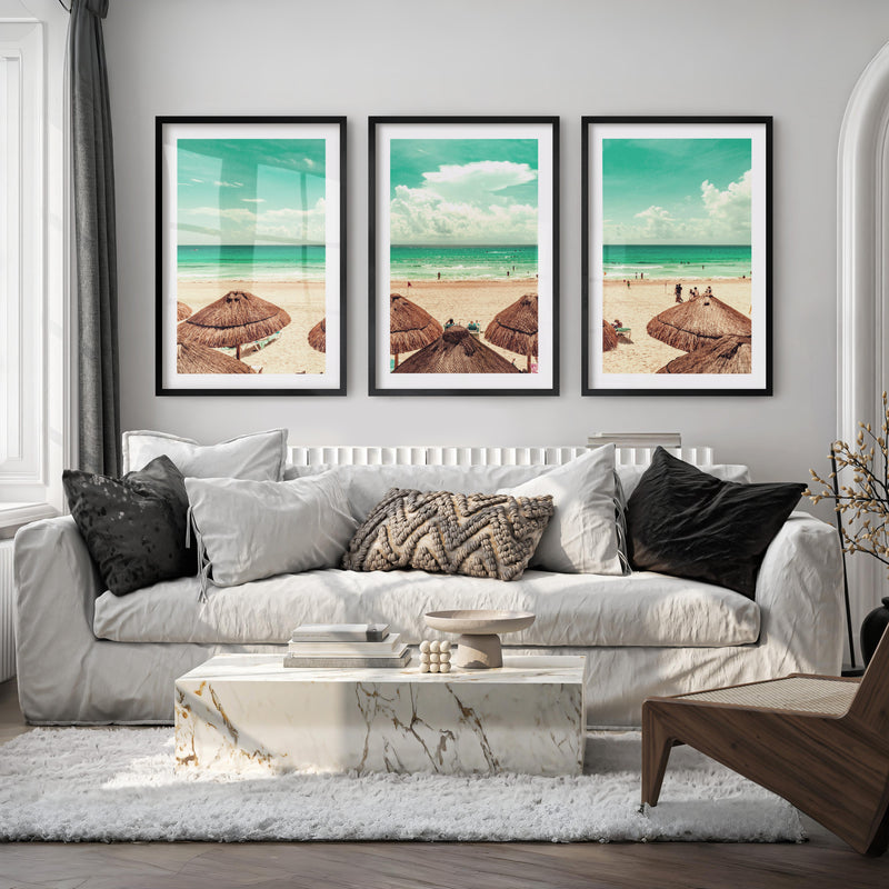 Thatched Umbrella Coastal Nautical Wall Art - Black Framed Poster with White Border - Artworksets