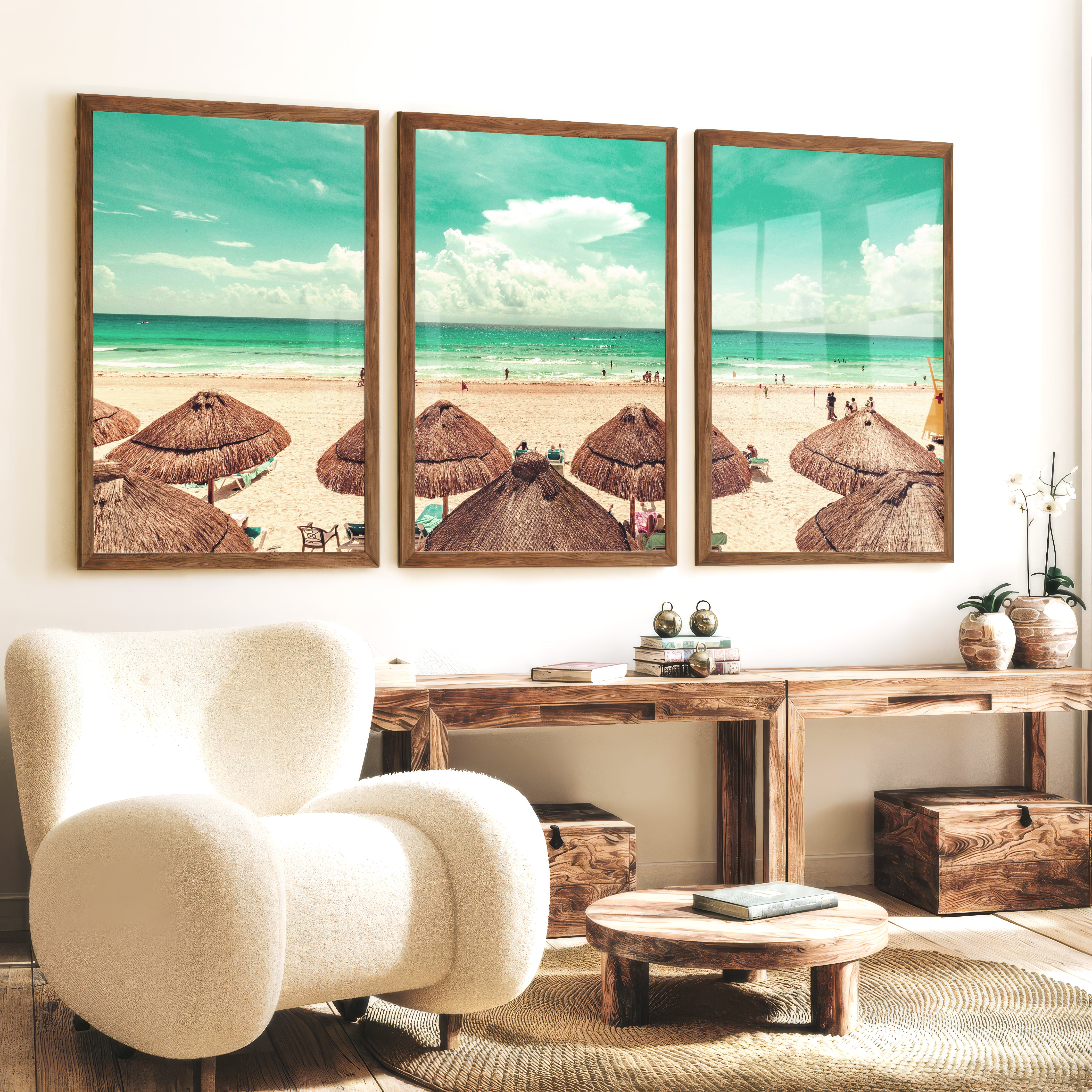Thatched Umbrella Coastal Nautical Wall Art - Dark Brown Framed Poster No Border - Artworksets