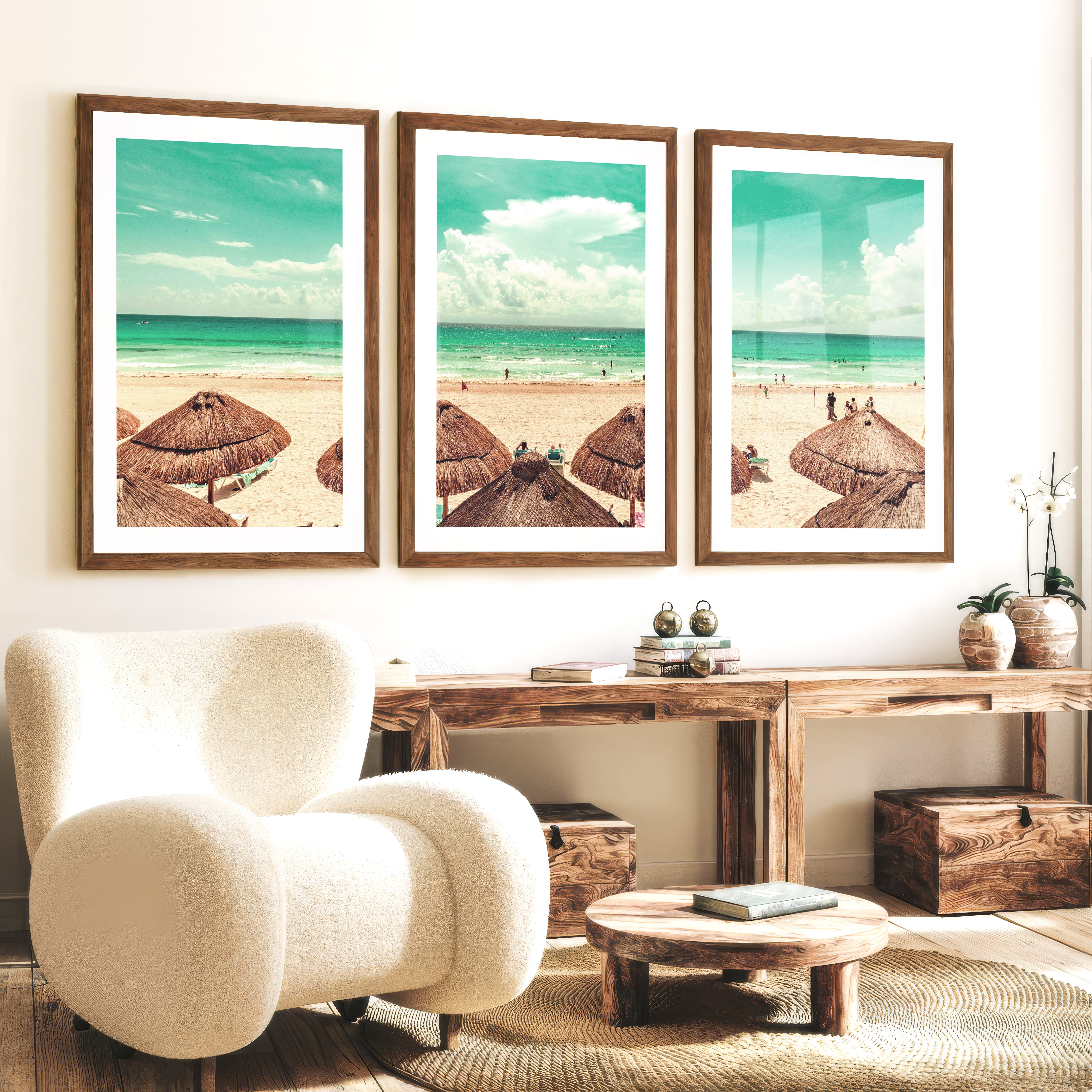 Thatched Umbrella Coastal Nautical Wall Art - Dark Brown Framed Poster with White Border - Artworksets