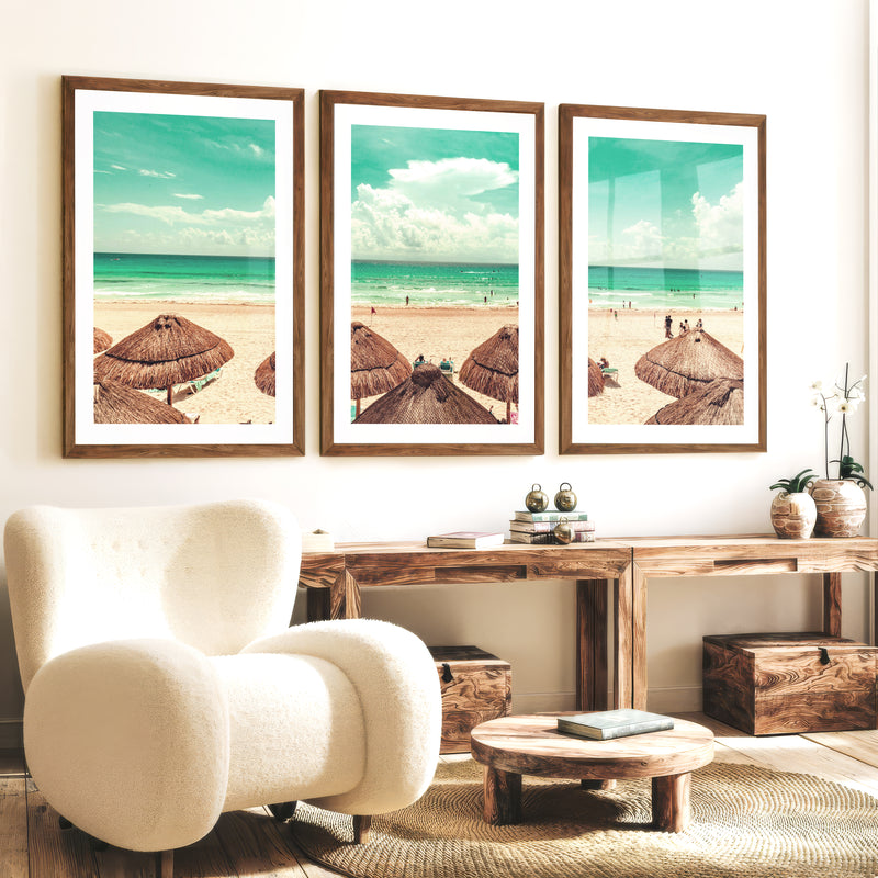 Thatched Umbrella Coastal Nautical Wall Art - Dark Brown Framed Poster with White Border - Artworksets