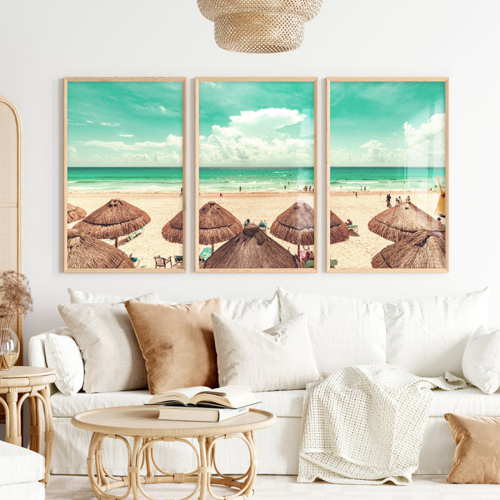 Thatched Umbrella Coastal Nautical Wall Art - Natural Wood Framed Poster No Border - Artworksets