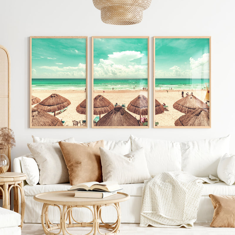 Thatched Umbrella Coastal Nautical Wall Art - Natural Wood Framed Poster No Border - Artworksets