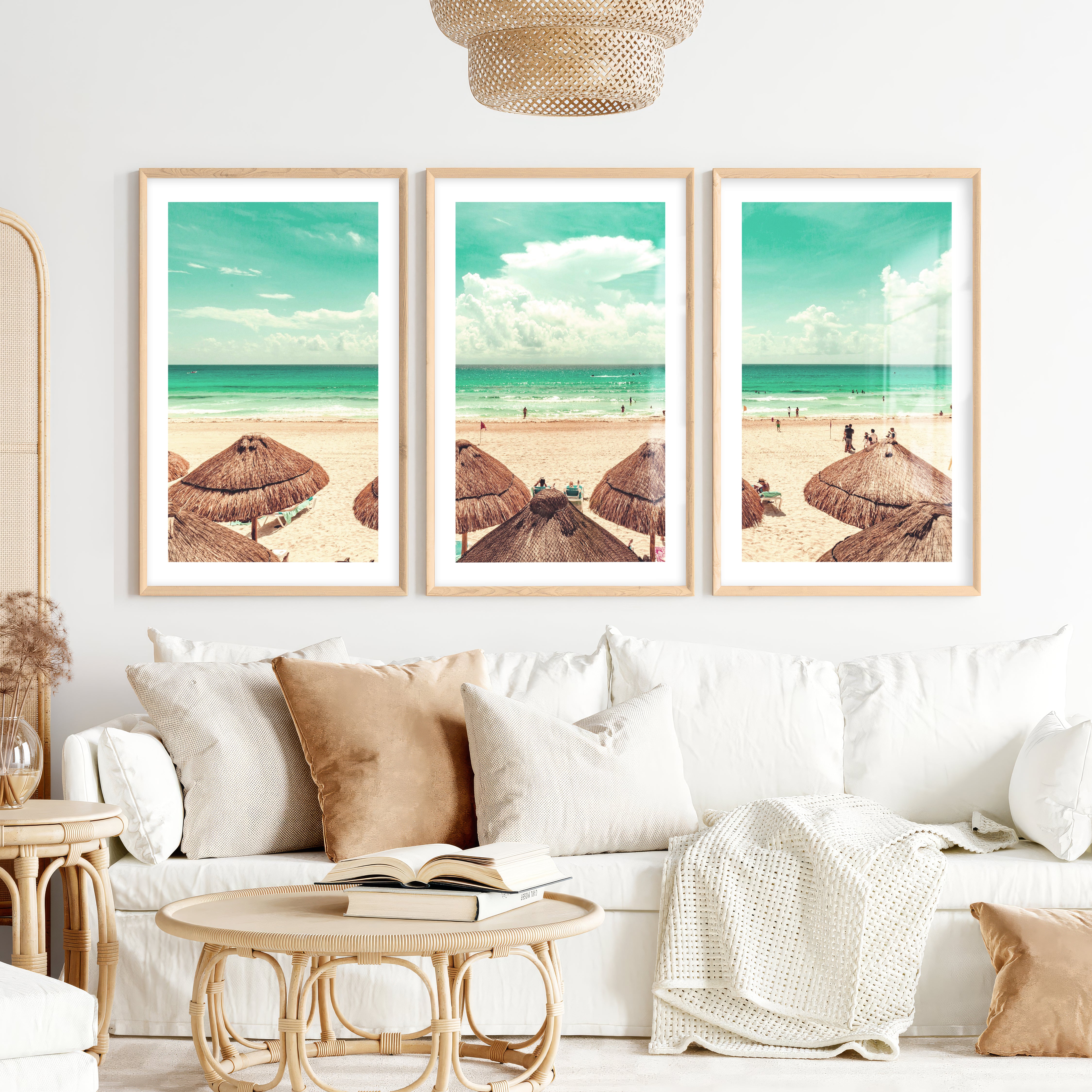 Thatched Umbrella Coastal Nautical Wall Art- Natural Wood Framed Poster with White Border - Artworksets