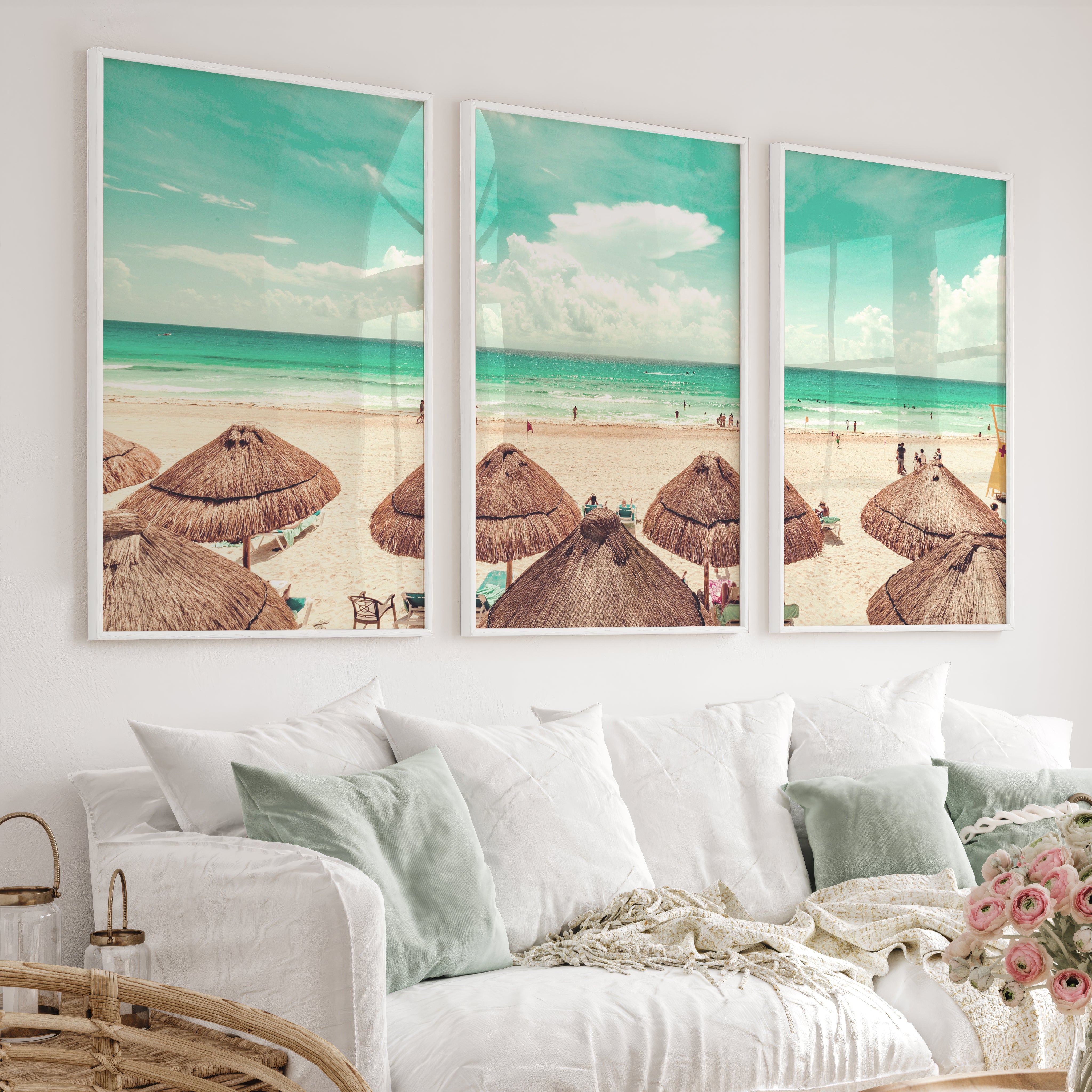 Thatched Umbrella Coastal Nautical Wall Art - White Framed Poster No Border - Artworksets