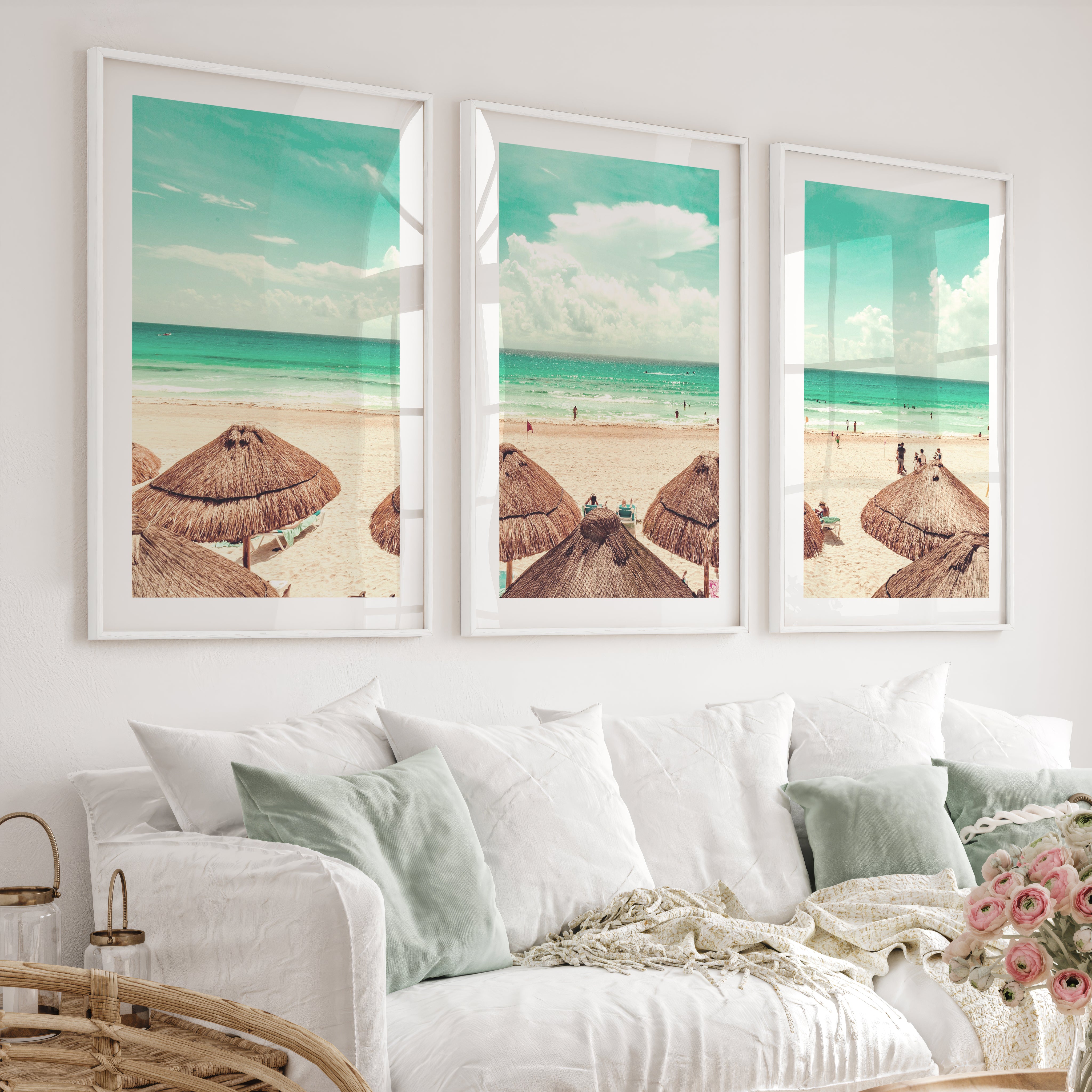 Thatched Umbrella Coastal Nautical Wall Art - White Framed Poster with White Border - Artworksets