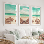 Thatched Umbrella Coastal Nautical Wall Art - White Framed Poster with White Border - Artworksets