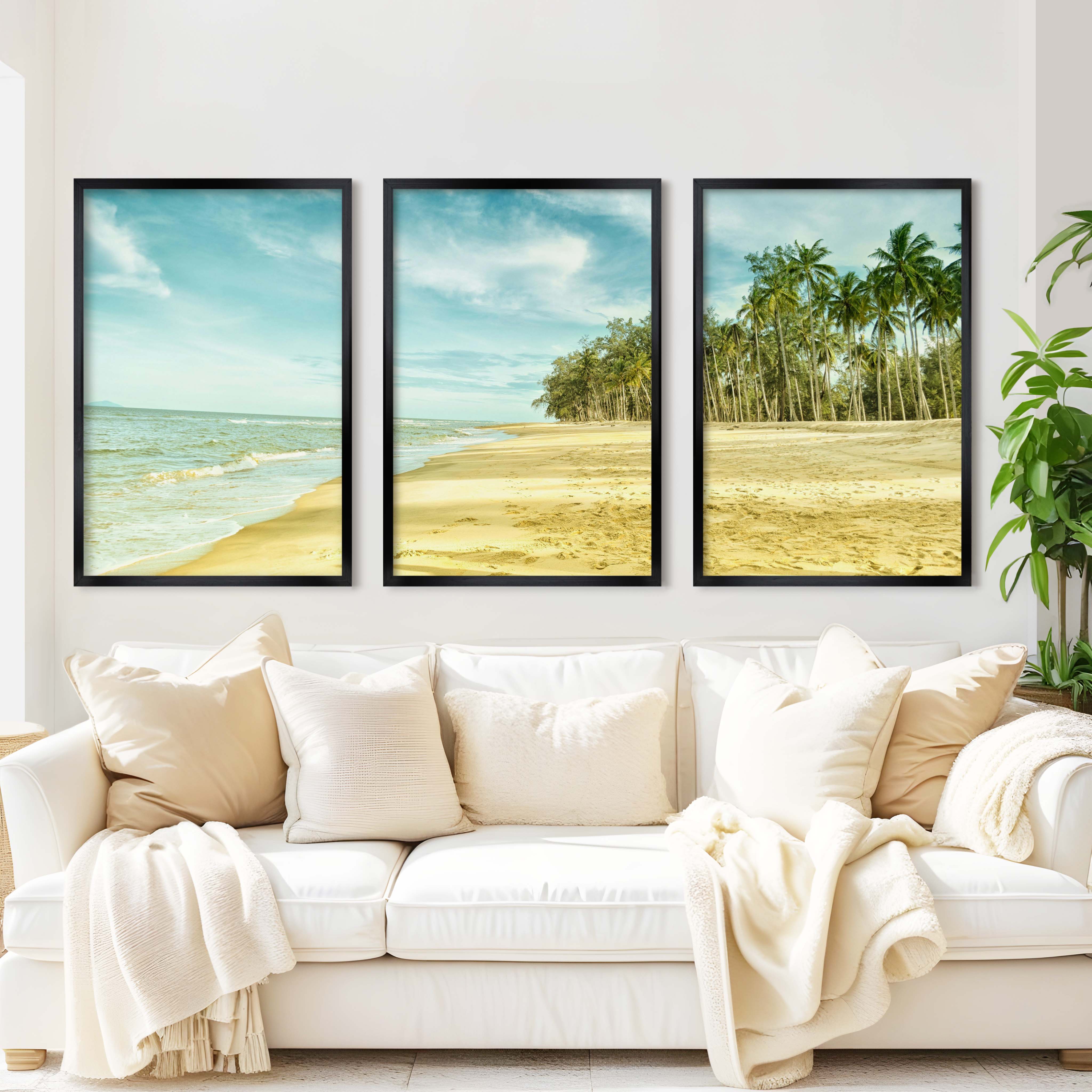 Coastal Nautical Wall Art – Ocean Shore and Palm Line Print - Black Framed Poster No Border - Artworksets