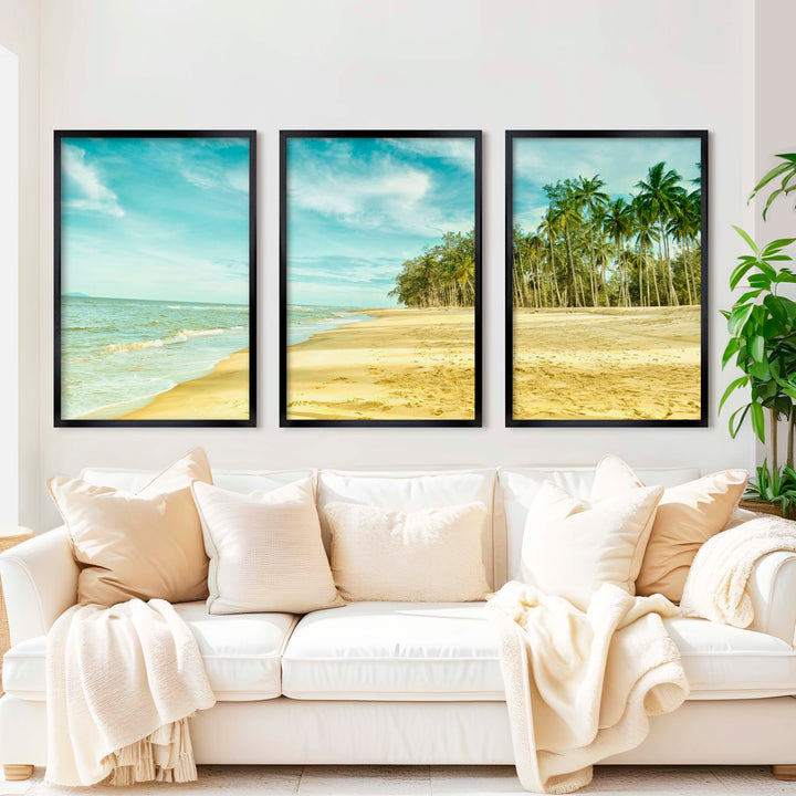 Coastal Nautical Wall Art – Ocean Shore and Palm Line Print - Black Framed Poster No Border - Artworksets