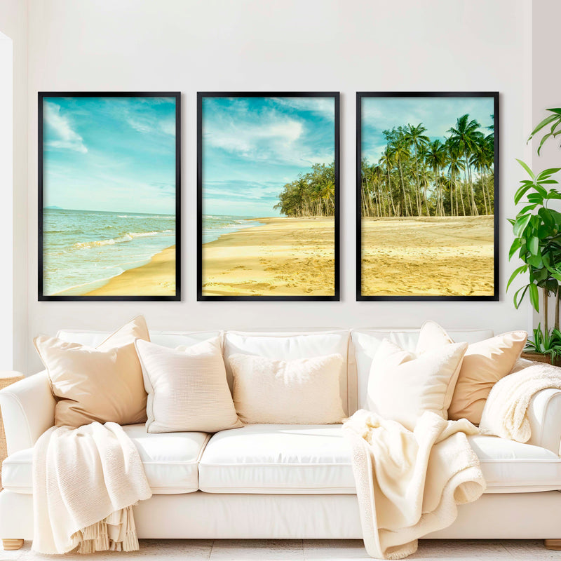 Coastal Nautical Wall Art – Ocean Shore and Palm Line Print - Black Framed Poster No Border - Artworksets