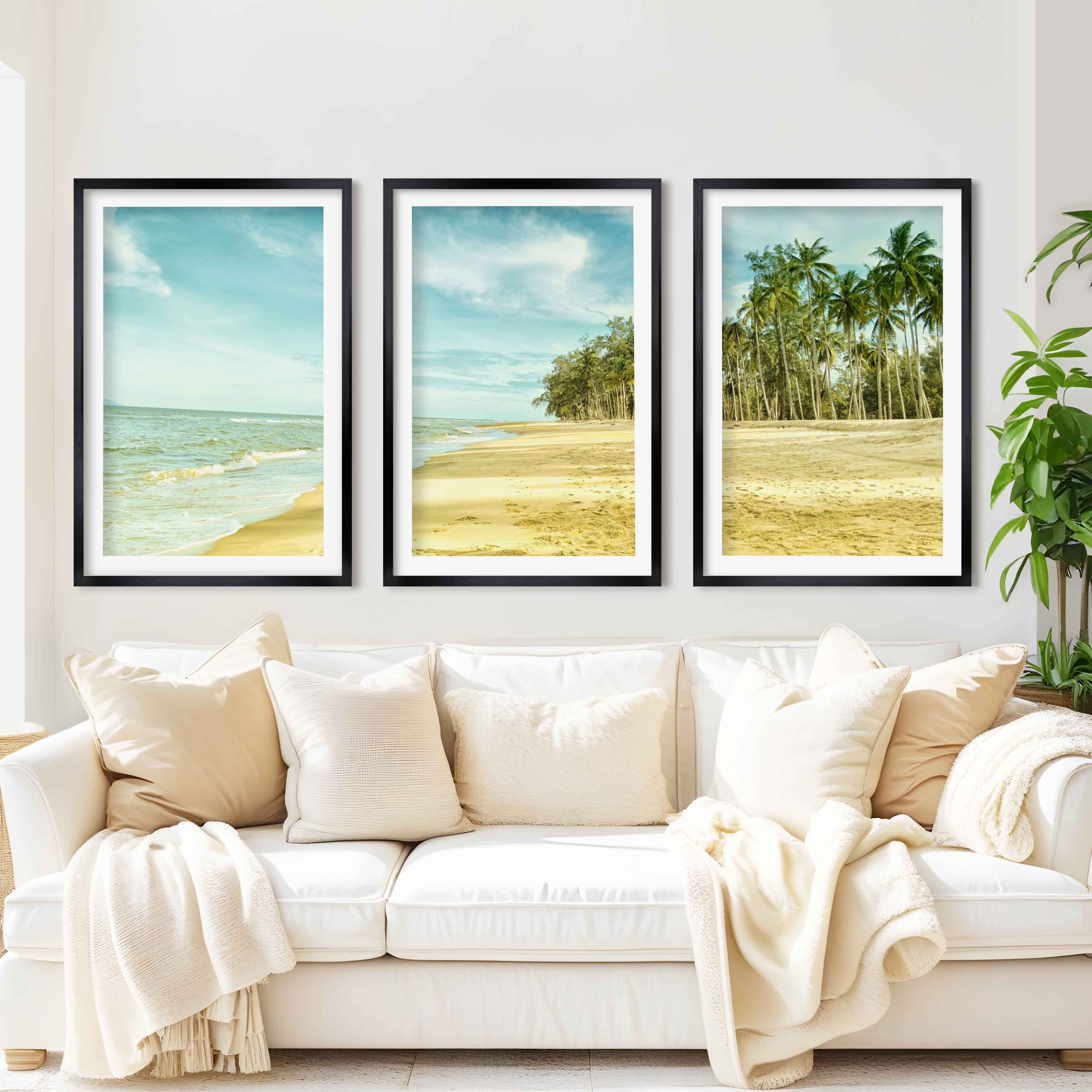 Coastal Nautical Wall Art – Ocean Shore and Palm Line Print - Black Framed Poster with White Border - Artworksets