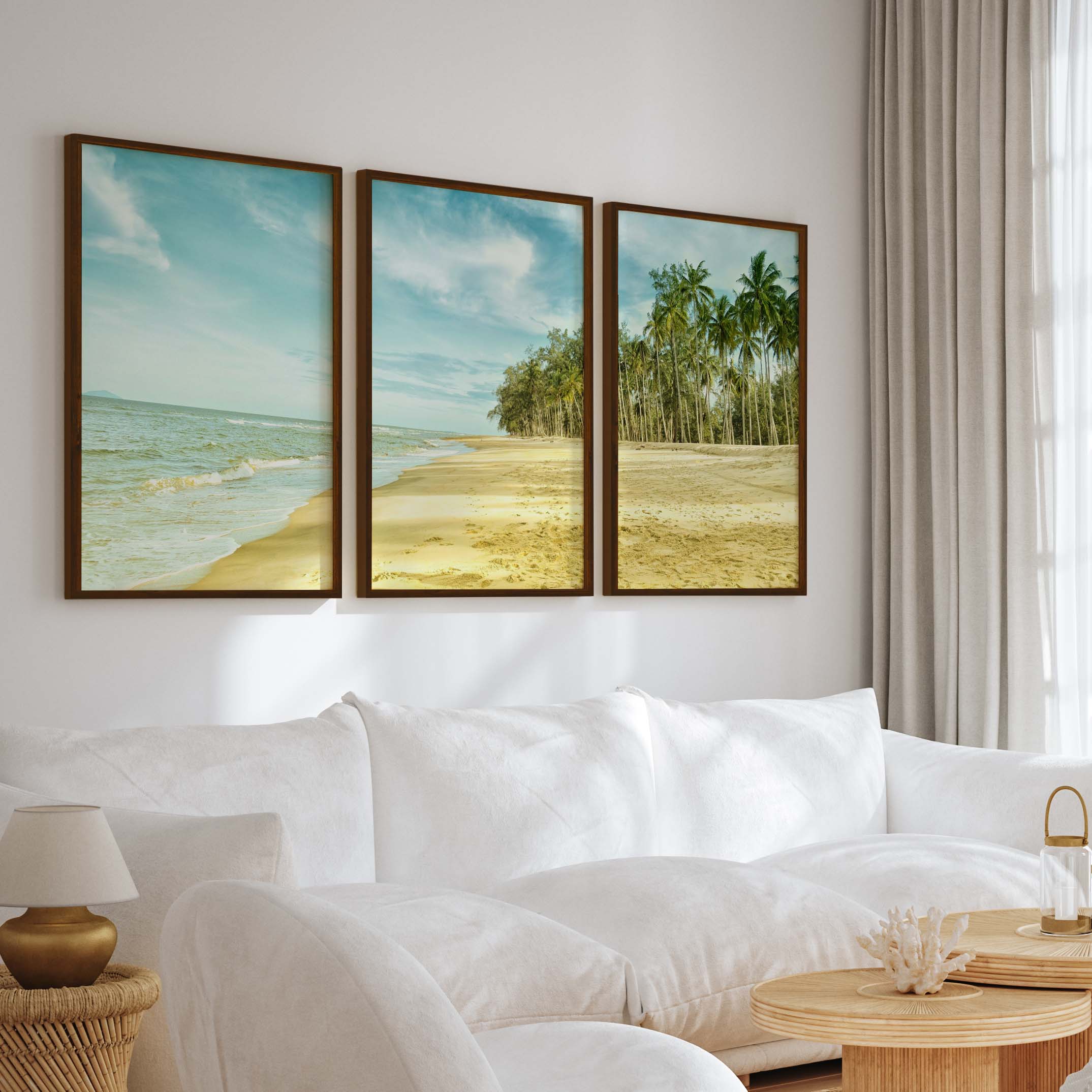 Coastal Nautical Wall Art – Ocean Shore and Palm Line Print - Dark Brown Framed Poster No Border - Artworksets