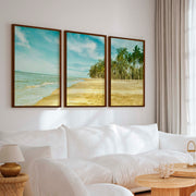 Coastal Nautical Wall Art – Ocean Shore and Palm Line Print - Dark Brown Framed Poster No Border - Artworksets