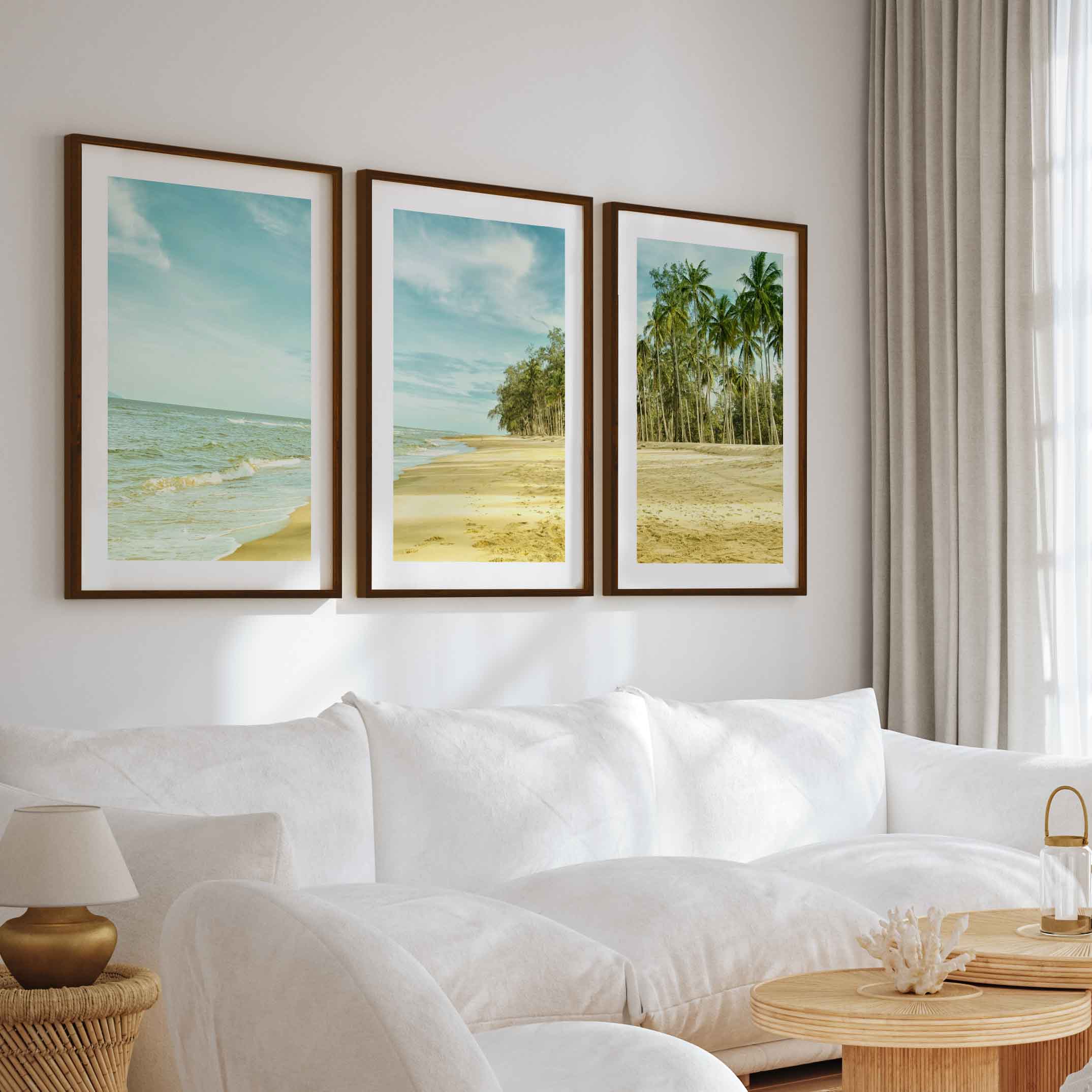 Coastal Nautical Wall Art – Ocean Shore and Palm Line Print - Dark Brown Framed Poster with White Border - Artworksets